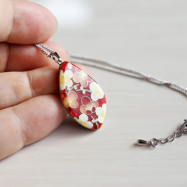 Yusen Shippo Japanese Enamel Pendant Necklace - Red Blossomed Plum Floral Design, Traditional Handcrafted Jewelry for Women, Perfect Gift for Birthday, Anniversary & Special Occasions