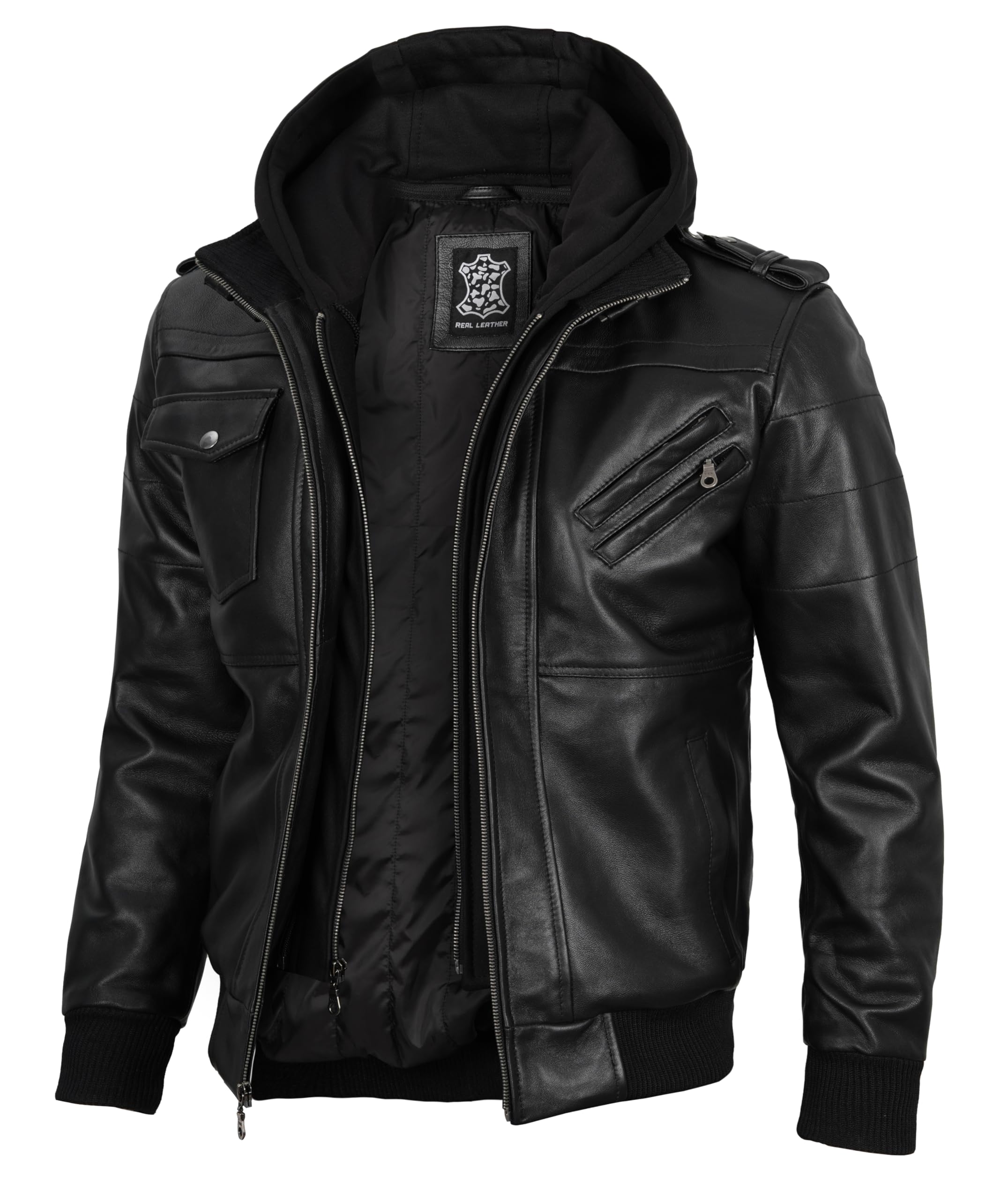 Decrum Men's Hooded Leather Bomber Jacket - Premium Genuine Leather with Removable Hood - Stylish Outerwear for Casual Wear, Motorcycle Riding & Night Out