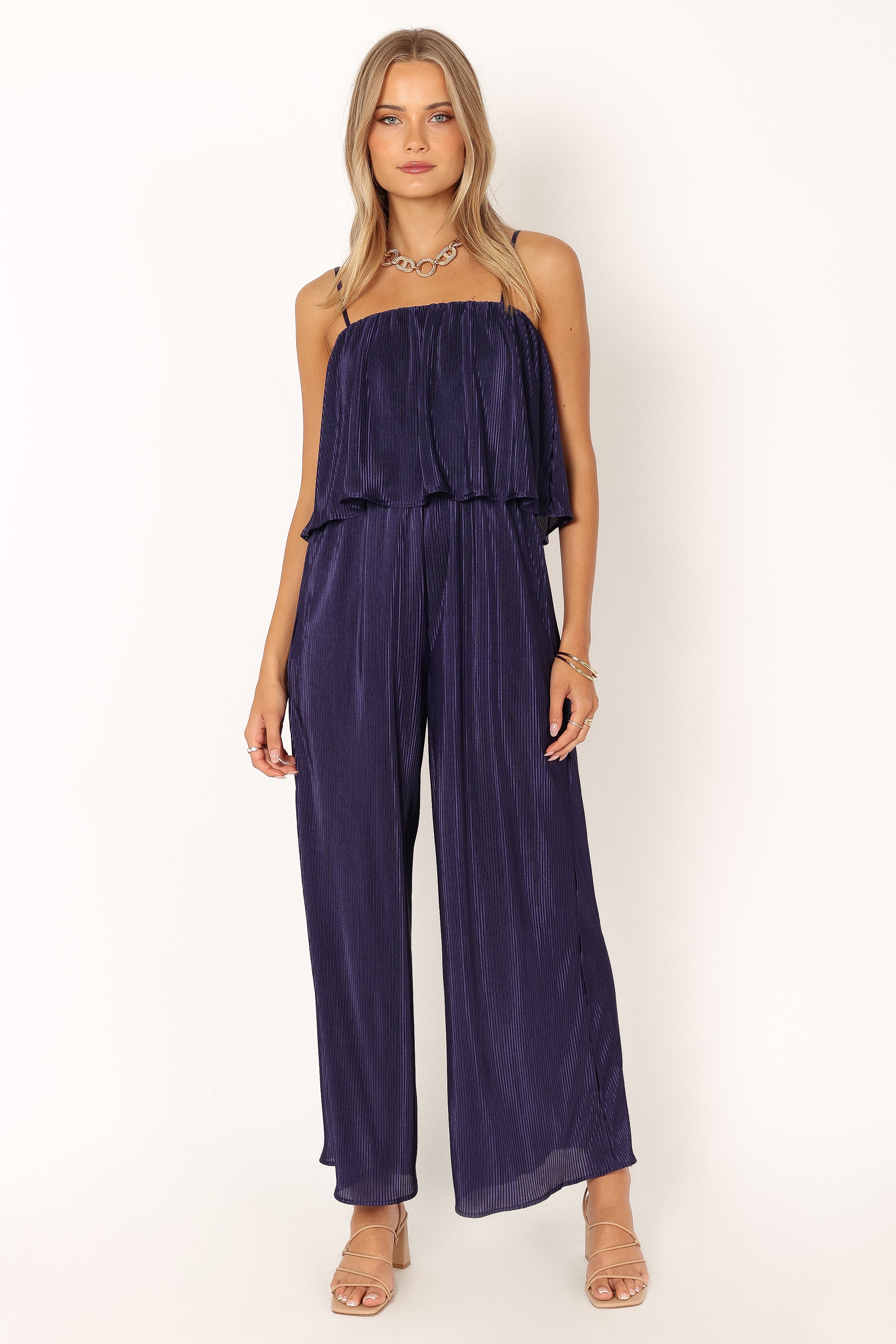 Jillian Plisse Jumpsuit for Women - Navy Blue Wide Leg Palazzo Pantsuit - Comfortable Stretchy Wrinkle-Free Outfit for Work, Travel & Casual Wear