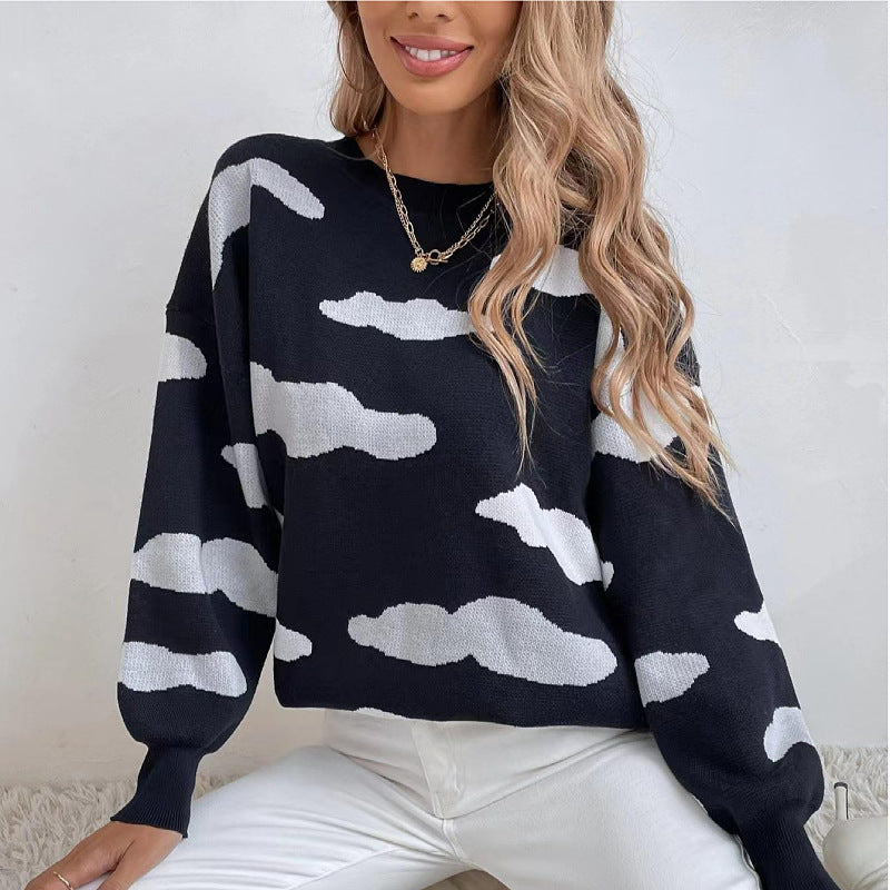 Women's Black & White Jacquard Loose Sweater - Round Neck Winter Pullover for Casual Outfits & Holiday Season | Cozy Fall & Winter Fashion