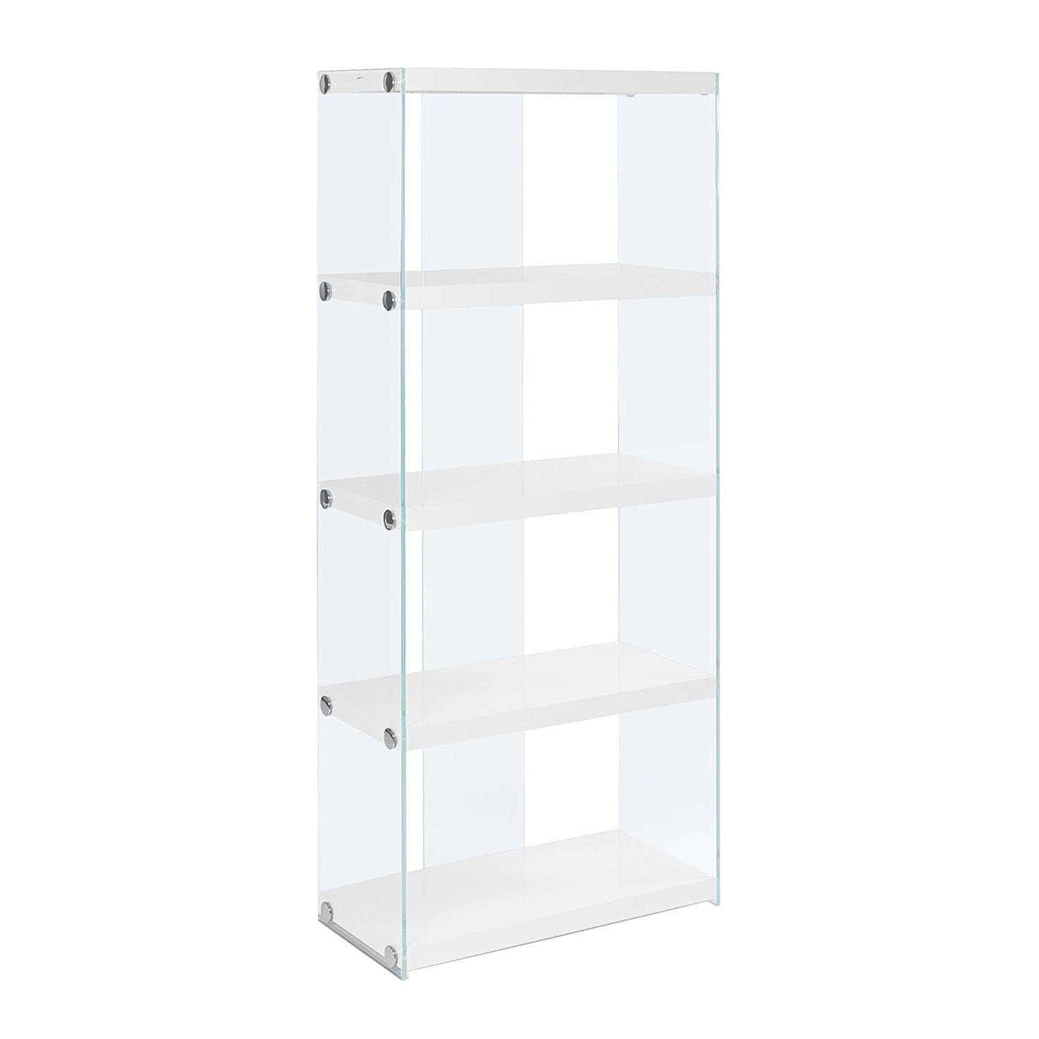 Monarch Specialties 5-Shelf Bookcase - Modern Etagere Bookshelf with Tempered Glass Frame, 60 Inches Tall in White - Perfect for Living Room, Office & Library Storage
