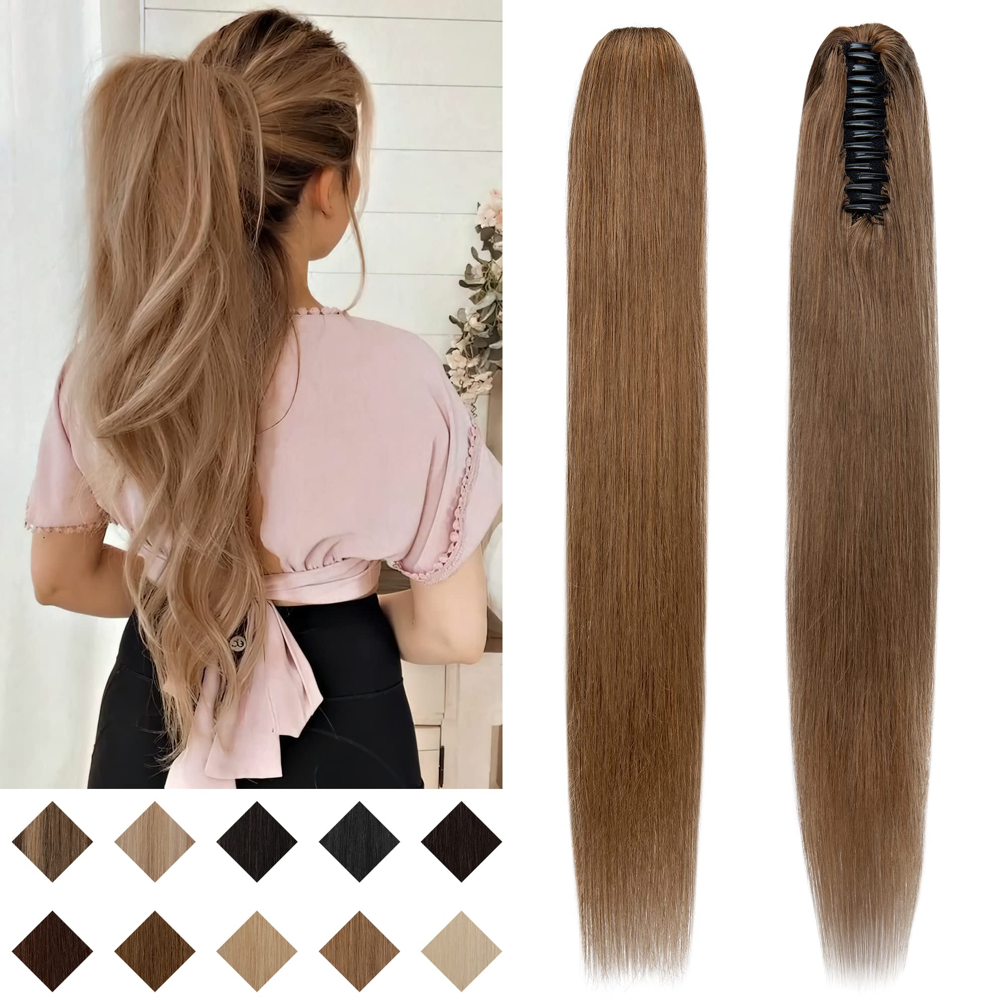 SEGO Human Hair Clip in Ponytail Extensions - 18 Inch Long Straight Real Human Hair Ponytail for Women (Light Brown, 115g) - Perfect for Parties, Weddings & Everyday Hairstyles