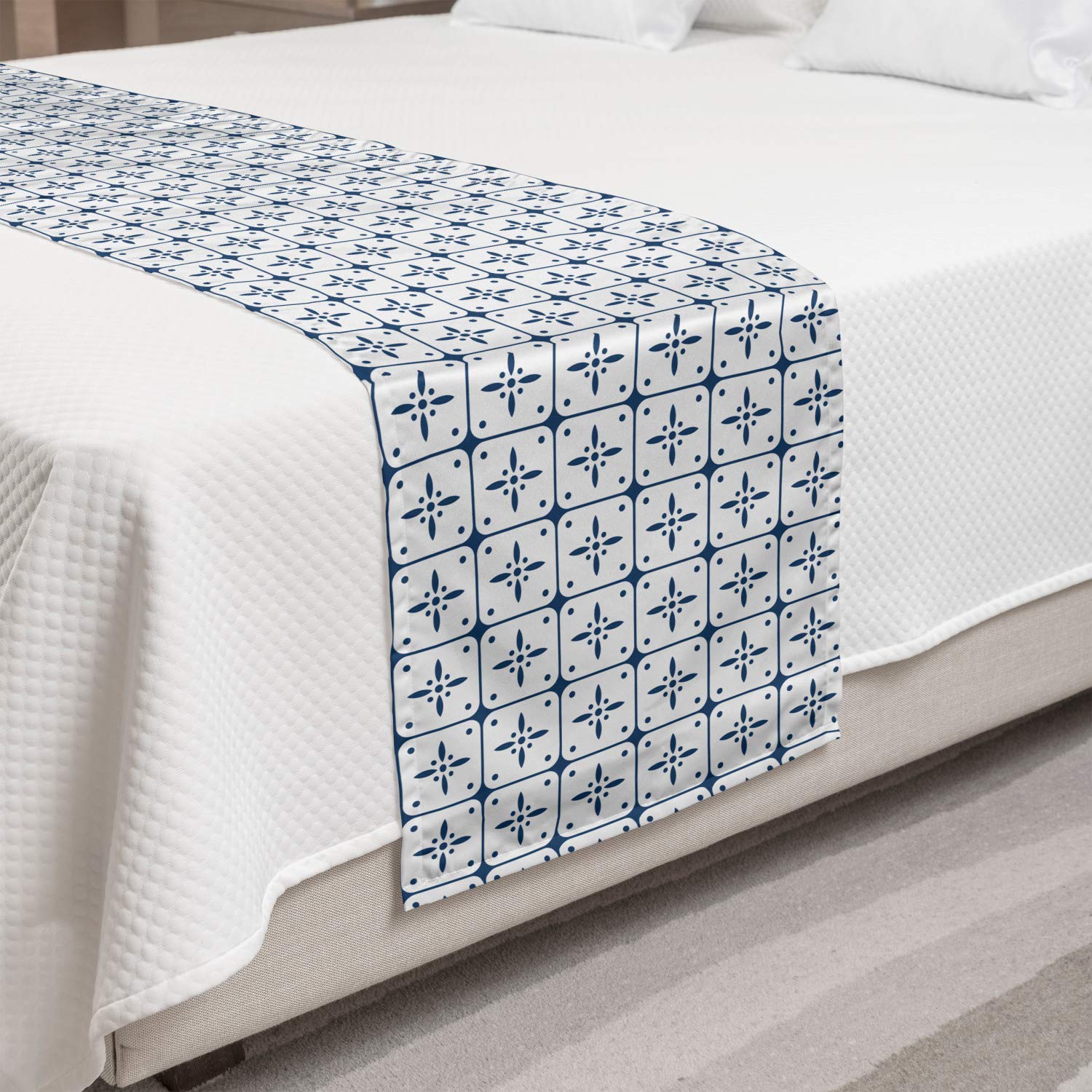 Ambesonne Dutch Bed Runner - Classic Holland Delft Pattern with Checkered Squares & Floral Motifs - Decorative Accent Bedding Scarf for Hotels, Homes & Guest Rooms - Dark Blue & White - Perfect for Vintage & Coastal Bedroom Decor