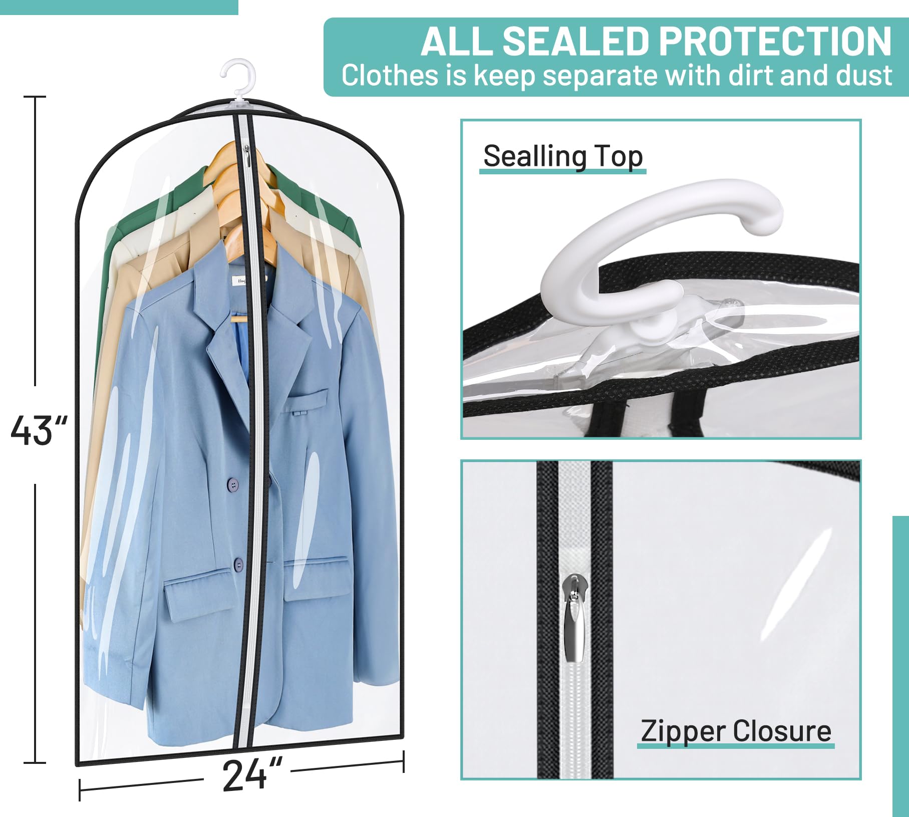 SLEEPING LAMB Clear Garment Bags for Clothes Storage - 43 Inch Plastic Suit Covers with Space Saving Hangers (4 Holes) - Perfect for Shirts, Coats, Jackets & Closet Organization - 3 Pack for Travel & Home Use