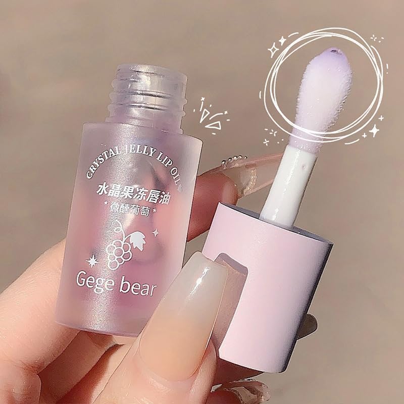 Gege Bear Crystal Jelly Lip Gloss Set - 2 Pack Fruity Lip Gel (Peach & Grape) for Women, Clear Transparent Hydrating Lip Balm with Vitamin E - Perfect for Daily Moisture, Night Care & Makeup Looks