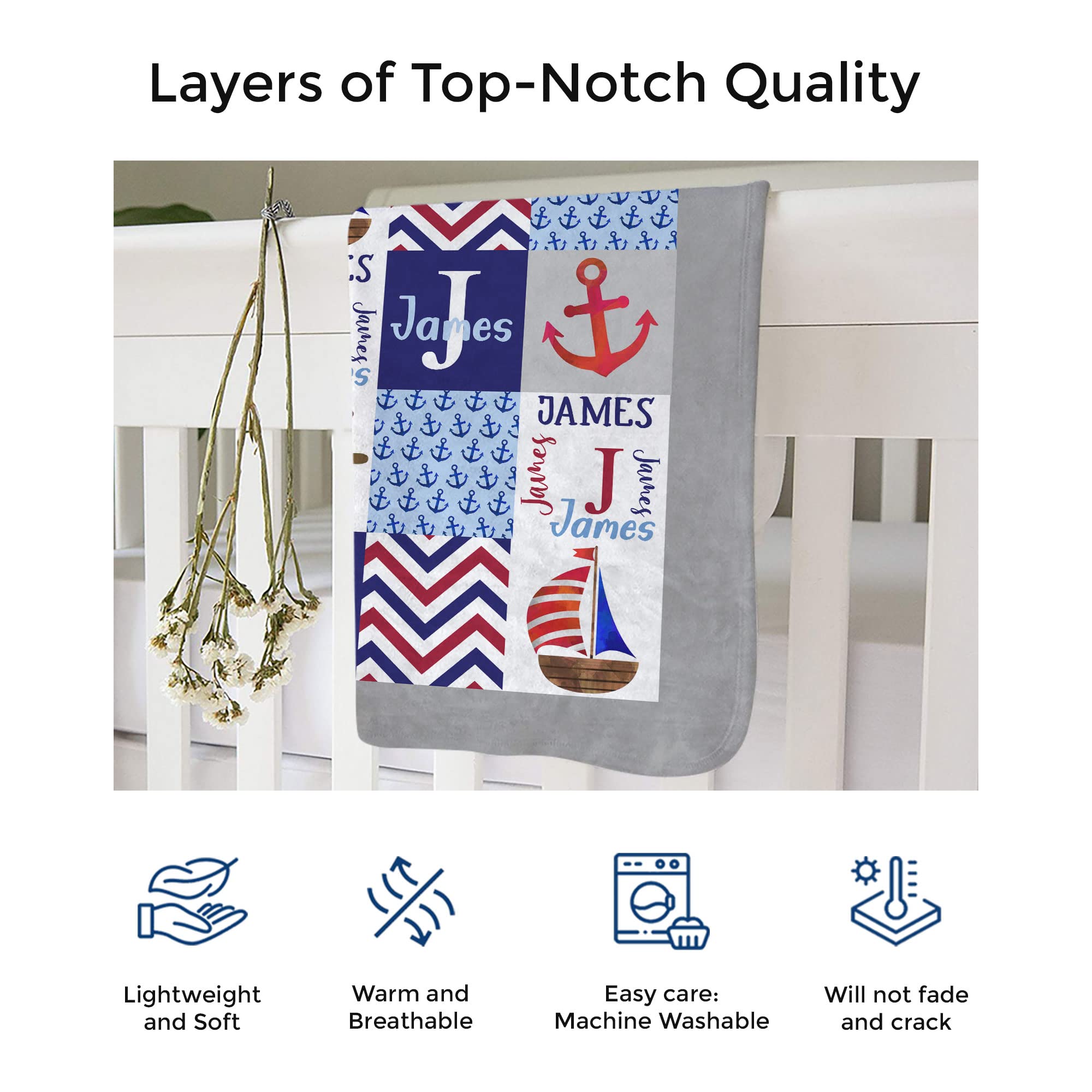 Personalized Nautical Baby Blankets for Boys - Custom Name Embroidered Newborn Gift | Perfect for Showers, Birthdays & Nursery Decor (Nautical HA76)