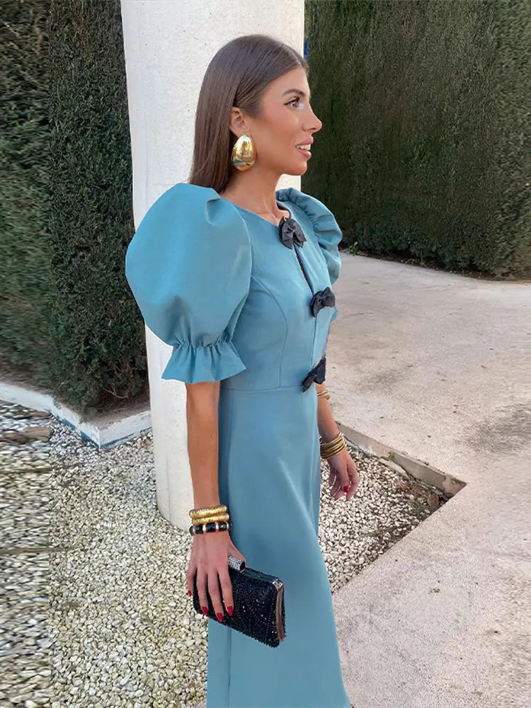 Elegant Women's Short Puff Sleeve Bow Midi Dress - Solid Color Round Neck Slim Fit Party Club Dress for Casual Outings, Cocktail Events & Special Occasions