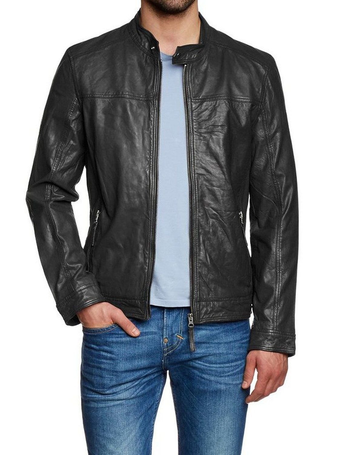 Men's Distressed Leather Motorcycle Jacket - Stylish Biker Bomber Jacket with Zipper | Black Outerwear for Riding & Casual Wear