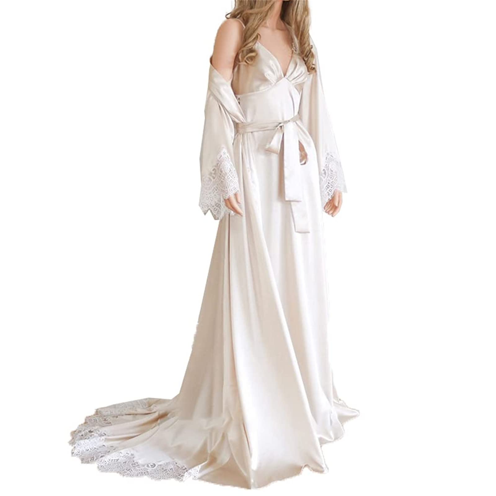 Sexy Satin Long Kimono Robe & Lace Pajama Set for Women - 2 Piece Sleepwear Nightgown for Bridal Party, Honeymoon & Boudoir Photography | Plus Size Available