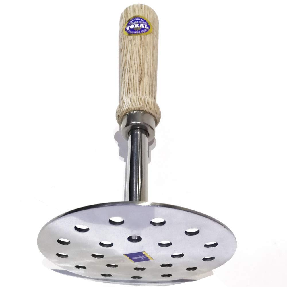 Premium Stainless Steel Potato Masher with Wooden Handle - Heavy Duty Potato Crusher, Bean Masher & Ricer Presser for Smooth Mashed Potatoes | Ideal for Kitchens, Restaurants & Home Cooking