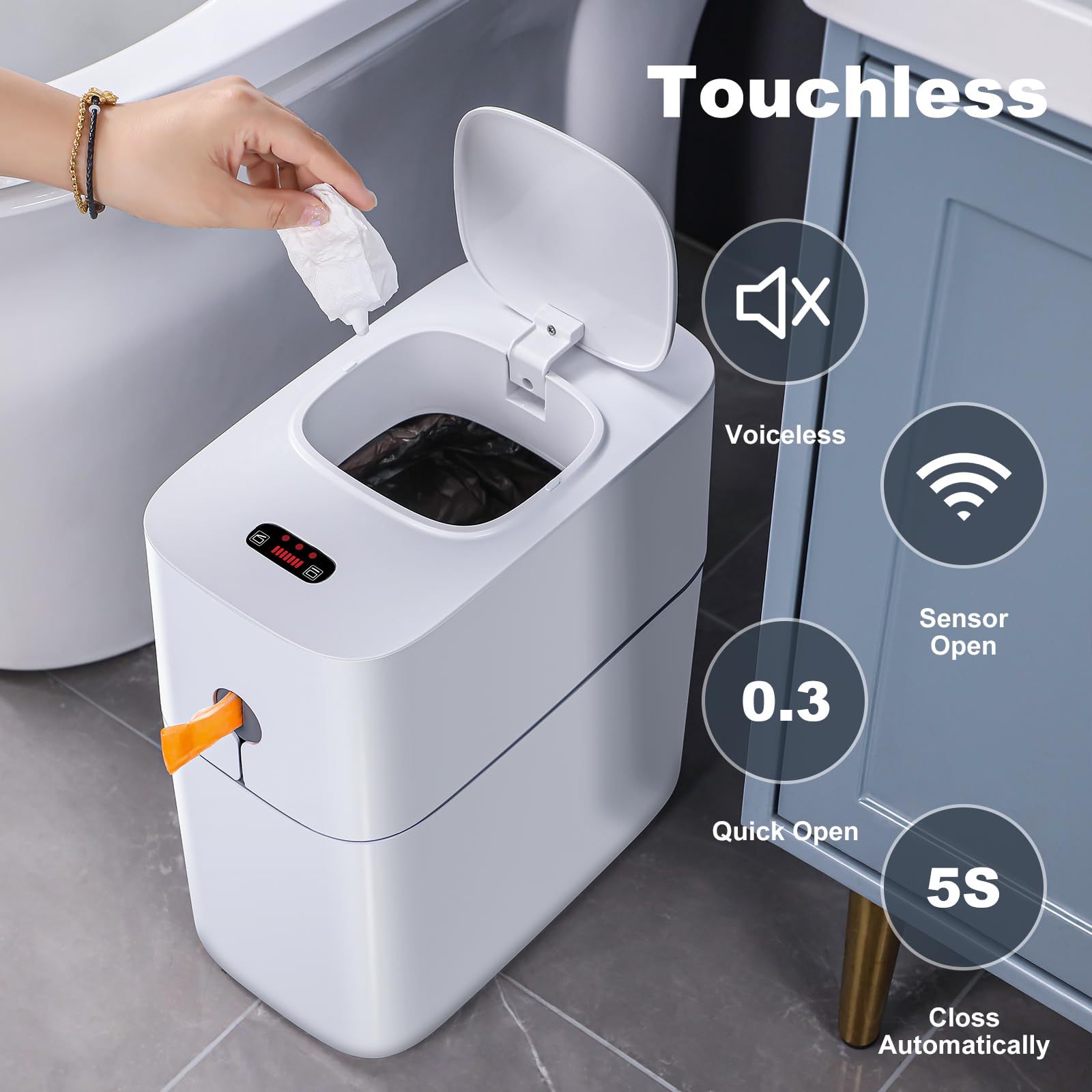 Automatic Motion Sensor Trash Can - 3.5 Gallon Touchless Bathroom Waste Bin, Hands-Free Garbage Can for Bedroom, Office, Toilet, RV & Living Room | Dogproof Plastic Slim Design (White) - Perfect for Hygienic Waste Disposal in Homes & Small Spaces