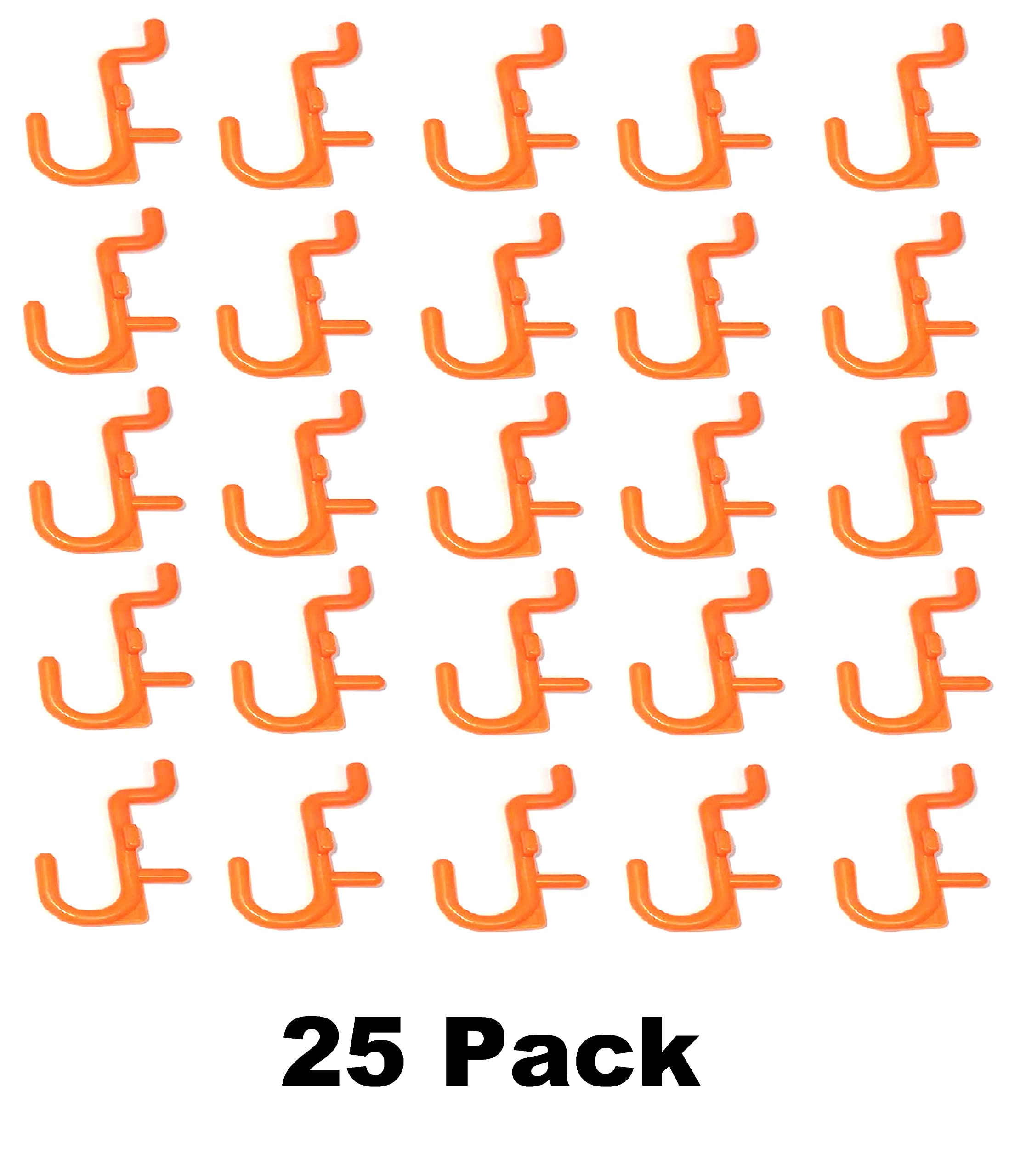JSP Manufacturing Non-Locking Plastic J-Style Pegboard Hooks - 25 Pack Orange | Garage Tool Organization, Craft Room Storage & Workshop Accessories | Perfect for DIY Projects, Home Improvement & Wall Storage Solutions