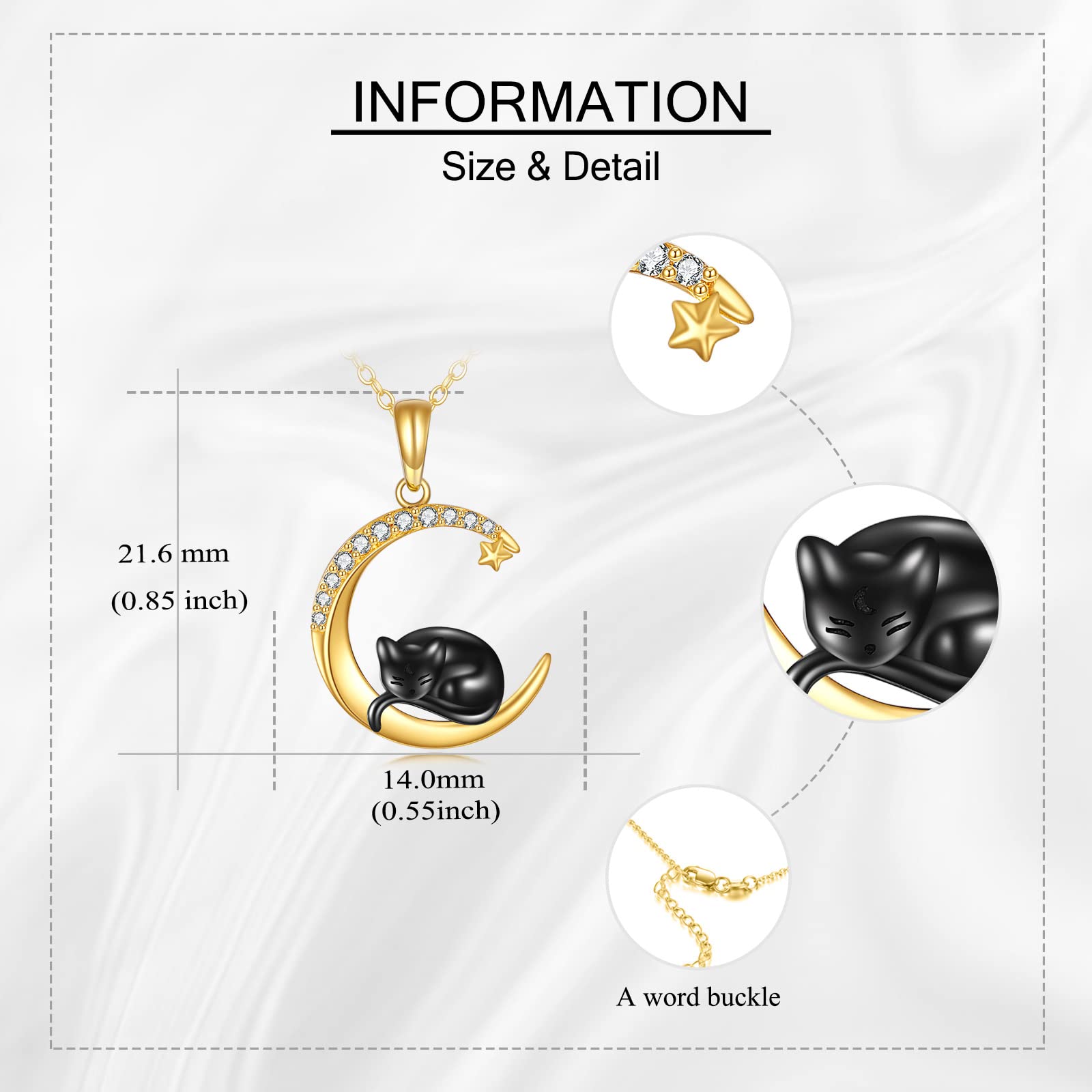 14K Real Gold Cat Necklace - Delicate Yellow Gold Crescent Moon Black Cat Pendant Jewelry for Women, Cat Lovers | Perfect Gift for Birthday, Anniversary & Everyday Wear