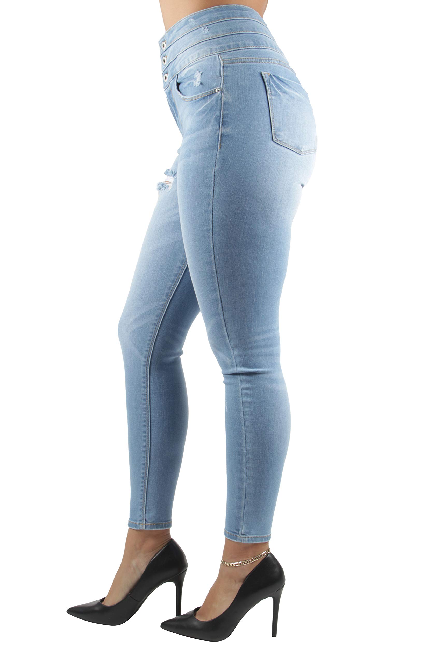 Fashion2Love Women's High Waist Ripped Distressed Corset Skinny Jeans - Trendy Triple Stack Denim for Juniors | Perfect for Casual Outfits, Night Out & Street Style