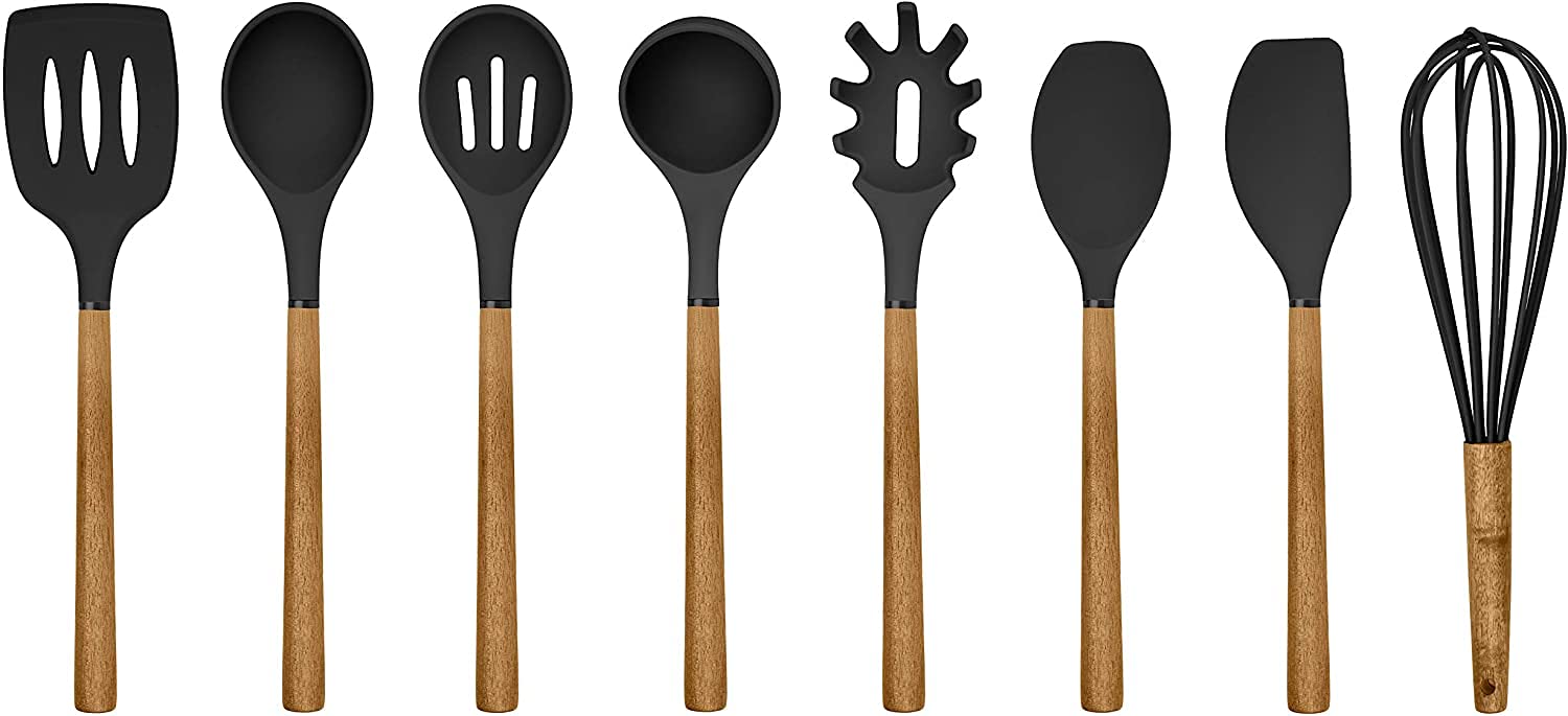 Silicone Cooking Utensils Set - 8 Pc Wooden Handle Kitchen Tools for Nonstick Cookware, Easy to Clean Spatulas & Kitchen Gadgets, Perfect for Baking, Frying, and Everyday Cooking - Black