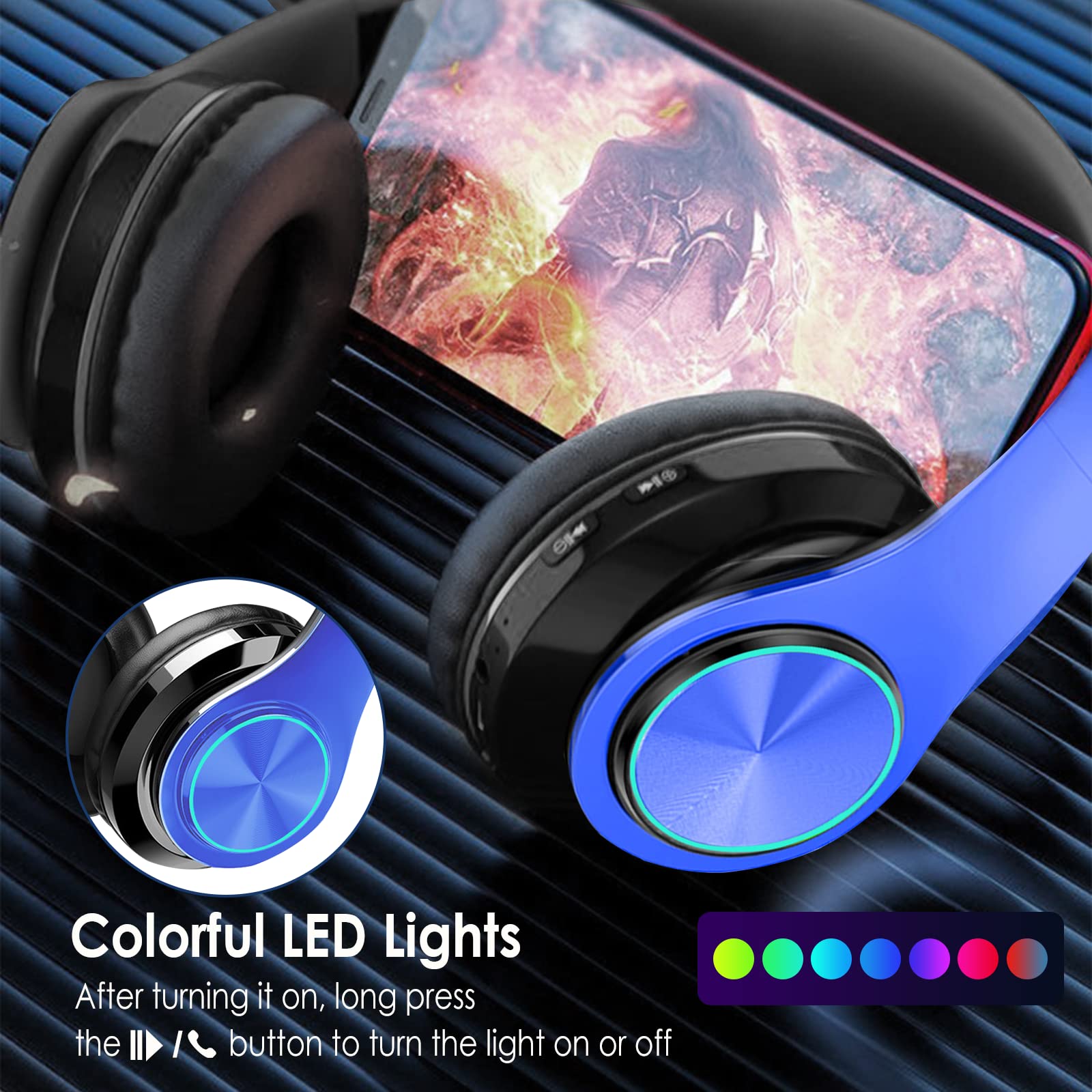 Wireless Bluetooth Headphones with Colorful LED Lights - Over Ear Foldable Design, Built-in Mic, FM Radio & SD Card Slot - Compatible with PC, TV, Smartphones - Perfect for School, Travel & Gaming