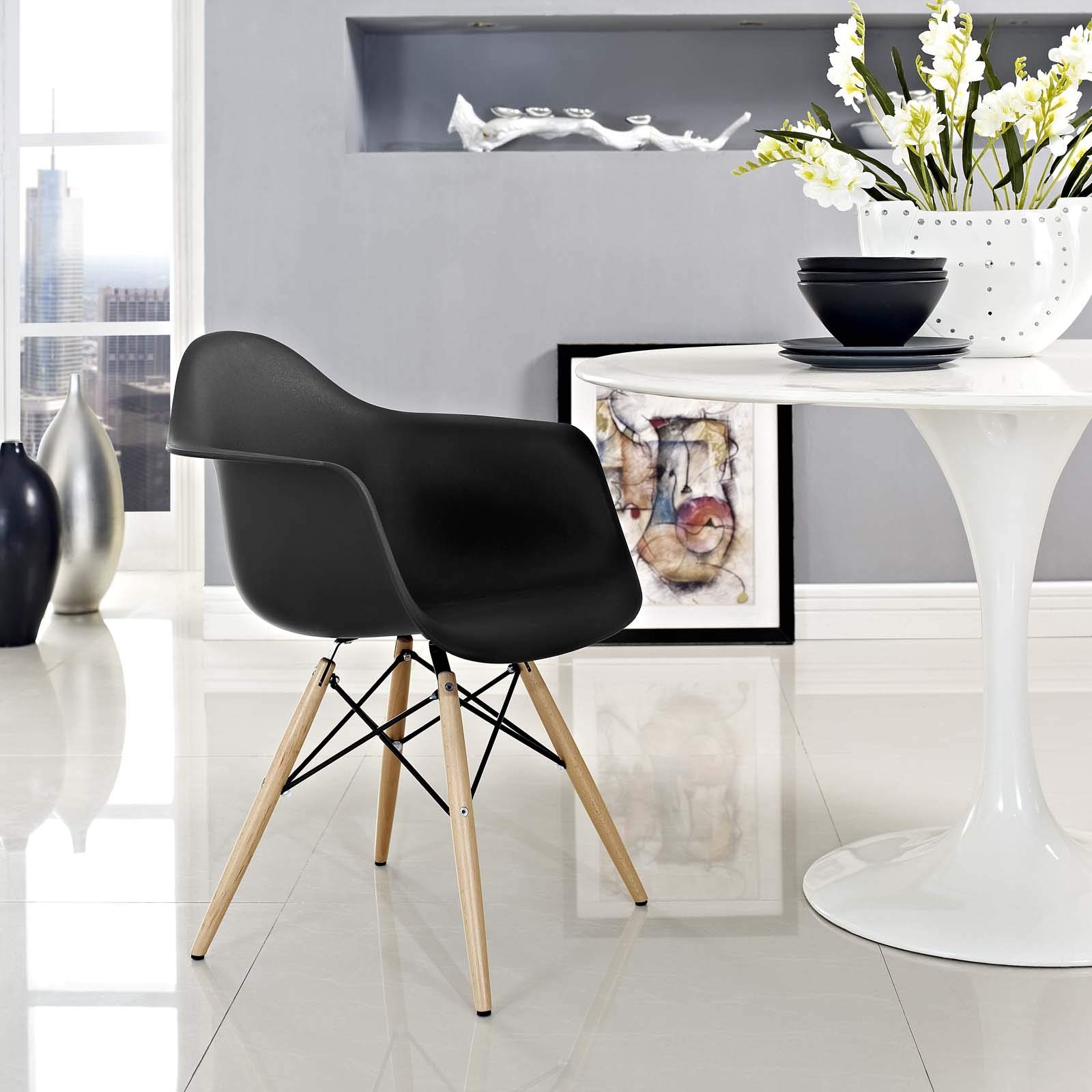 Modway Pyramid Mid-Century Modern Kitchen & Dining Arm Chair - Black Upholstery with Natural Wood Legs - Perfect for Home, Office & Restaurant Seating