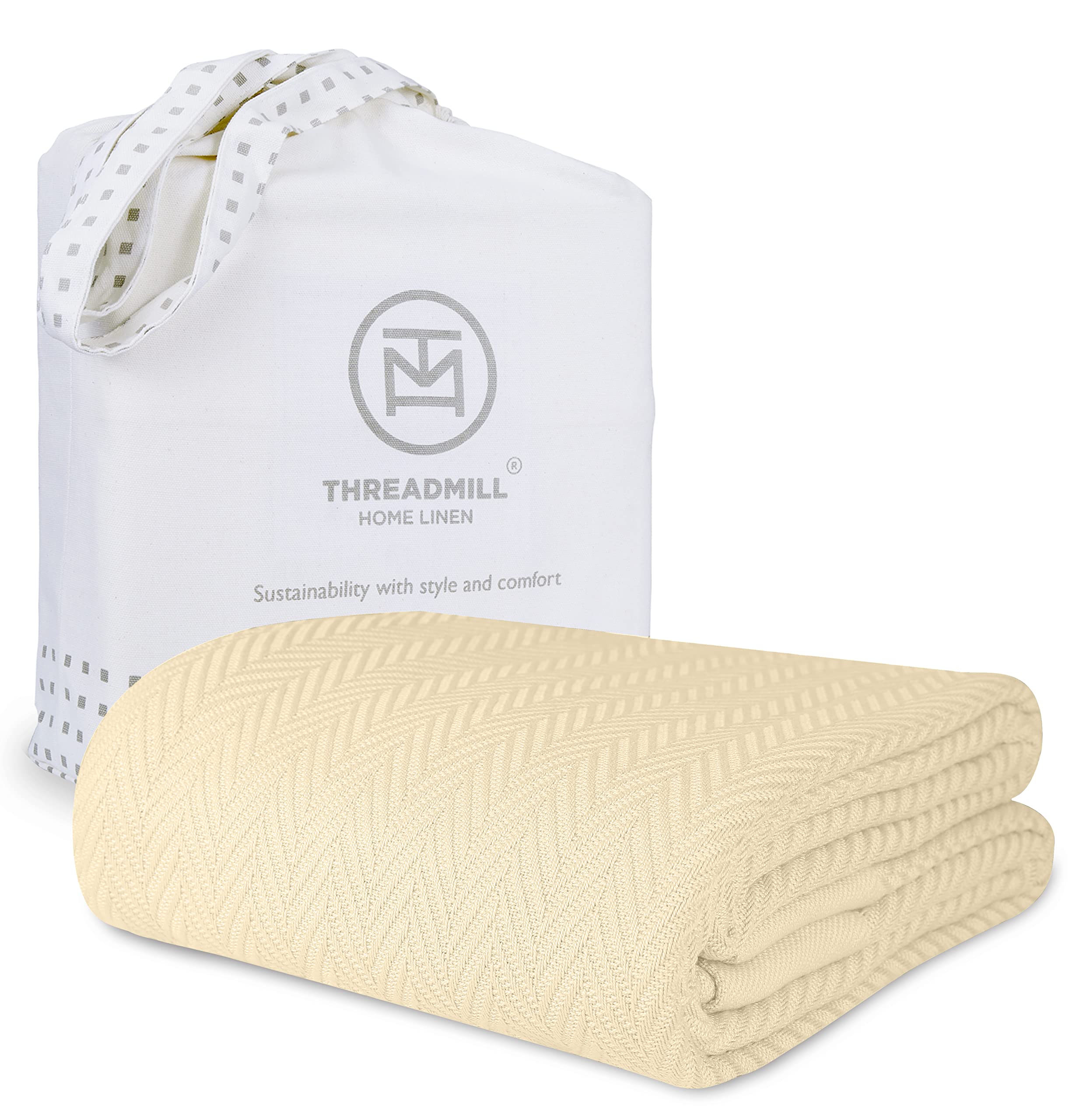 Luxury 100% Cotton Twin Size Blanket - Herringbone Soft & Cozy All-Season Thermal Blanket for Bed, 350GSM, 68x92 Inches, Vanilla Cream - Perfect for Fall, Winter & Cozy Home Decor