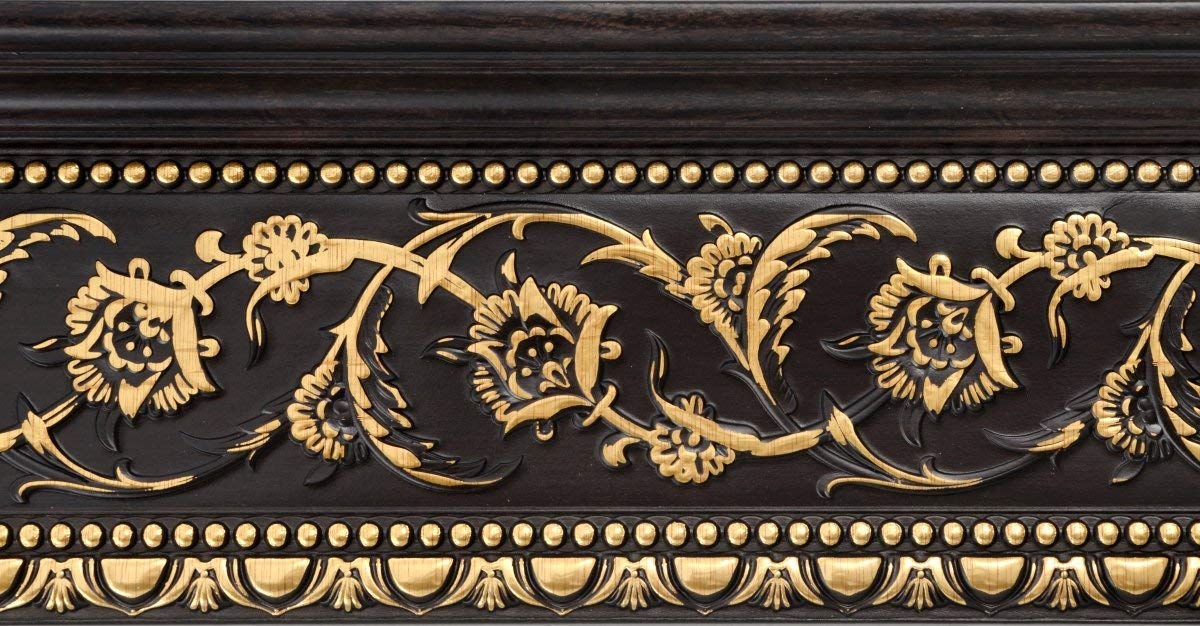 94-Inch Gold Floral Wood Tone Crown Molding - Walnut & Gold Finish for Home Decor, Ceiling Trim, and DIY Interior Design Projects