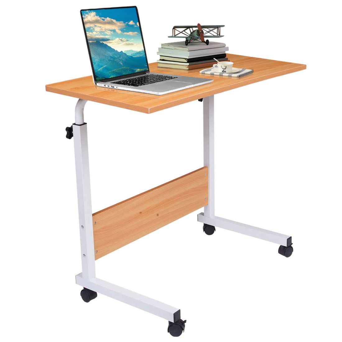Adjustable Height Rolling Laptop Desk Cart with Wheels - Mobile Computer Stand for Home Office, Bed, Couch & Sofa - Portable Tray Table for Work, Study & Relaxation (Oak-L)