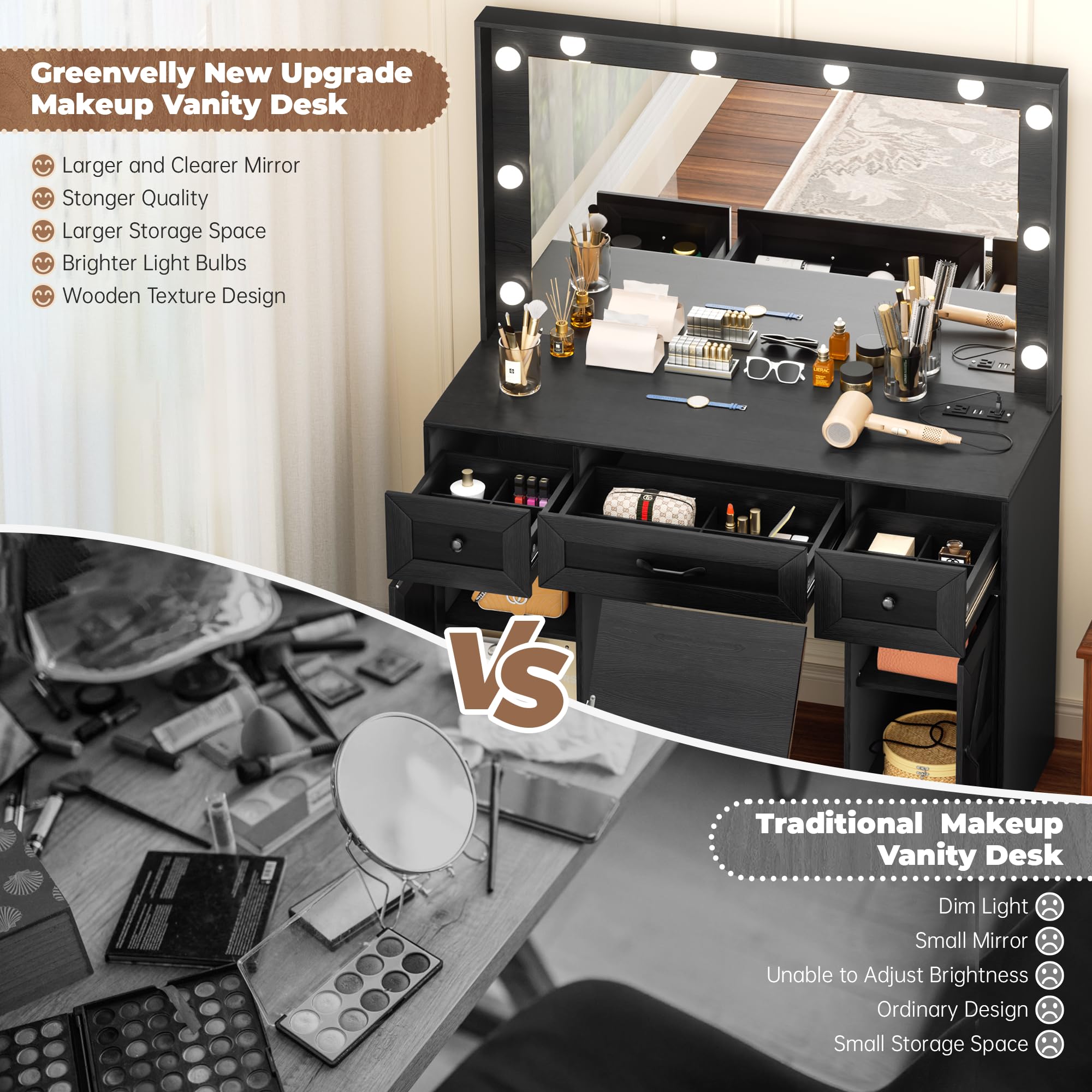 Greenvelly Makeup Vanity Table with LED Lighted Mirror - Black Vanity Desk with 3 Lighting Modes, Stool & Storage Drawers - Dressing Table for Women & Girls | Perfect for Bedroom, Bathroom & Beauty Salon Makeup Station