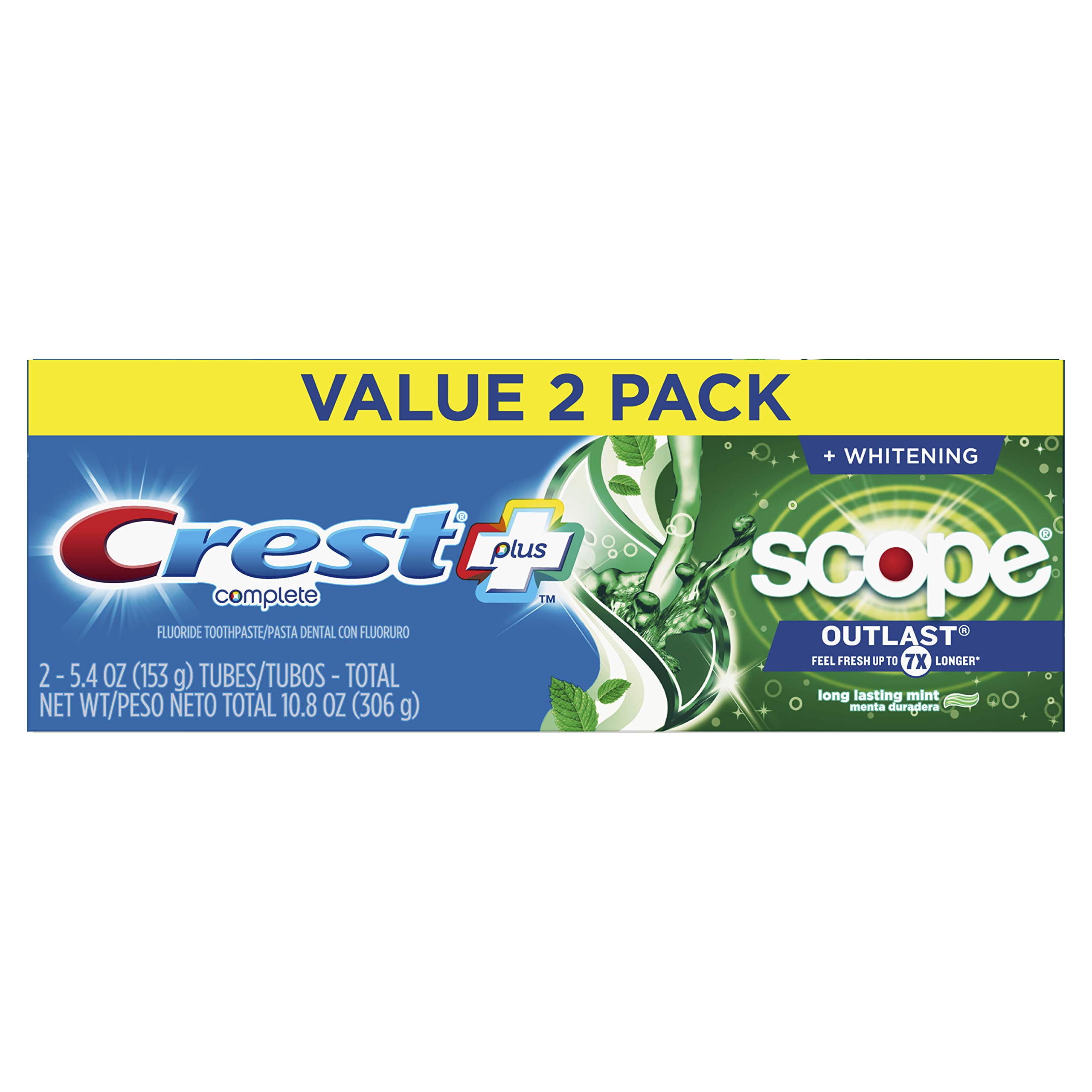 Crest +X 40mm Outlast Complete Whitening Toothpaste, Mint Flavor, 5.4 Oz (Pack of 2) - Long-Lasting Freshness for Brighter Teeth - Perfect for Daily Oral Care & Travel