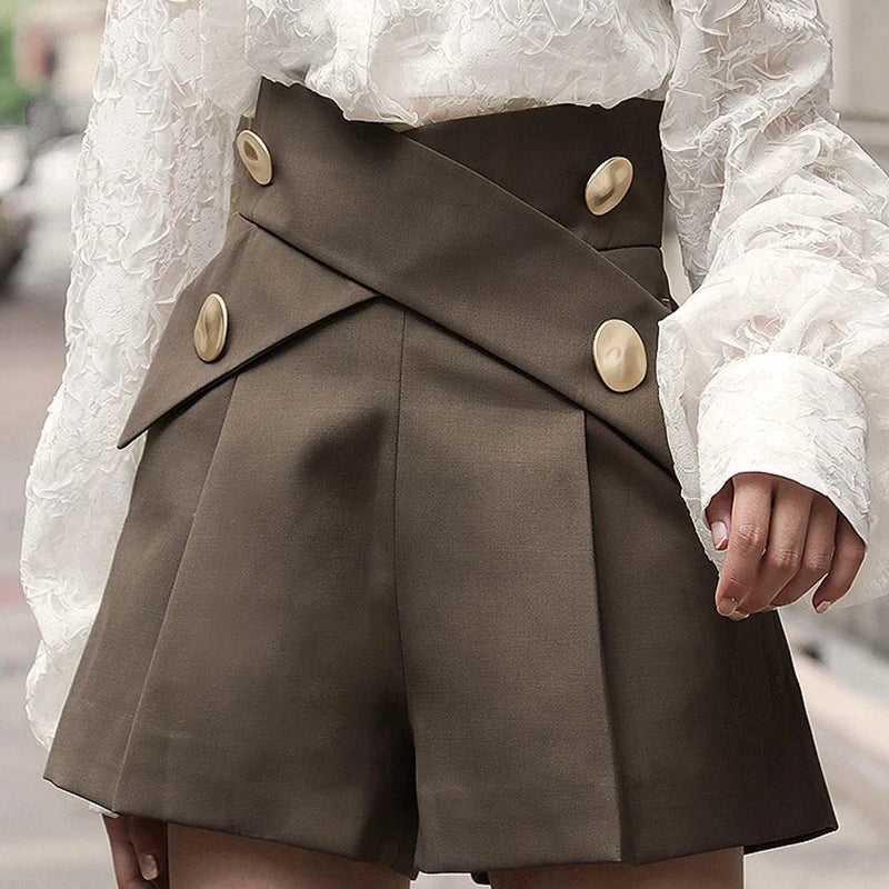 Women's High Waist Black Patchwork Metal Button Shorts - Casual Summer Fashion Shorts for Women | Perfect for Beach Outings, Streetwear & Vacation Outfits