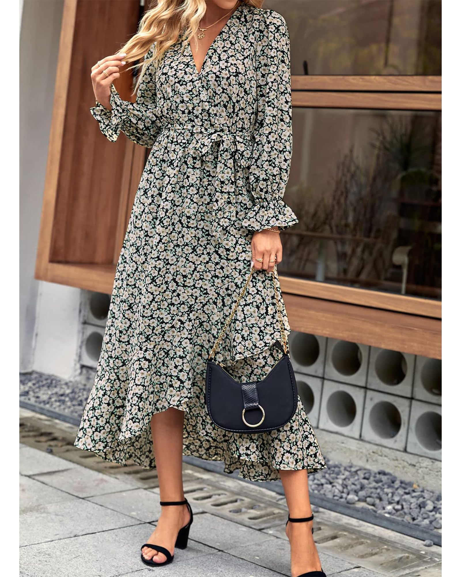 BTFBM Women's Long Sleeve Floral Dress - V Neck High Waist Ruffle Boho Maxi Dress for Spring Summer 2025 | Wedding Guest Dress, Garden Party, Date Night & Special Occasions
