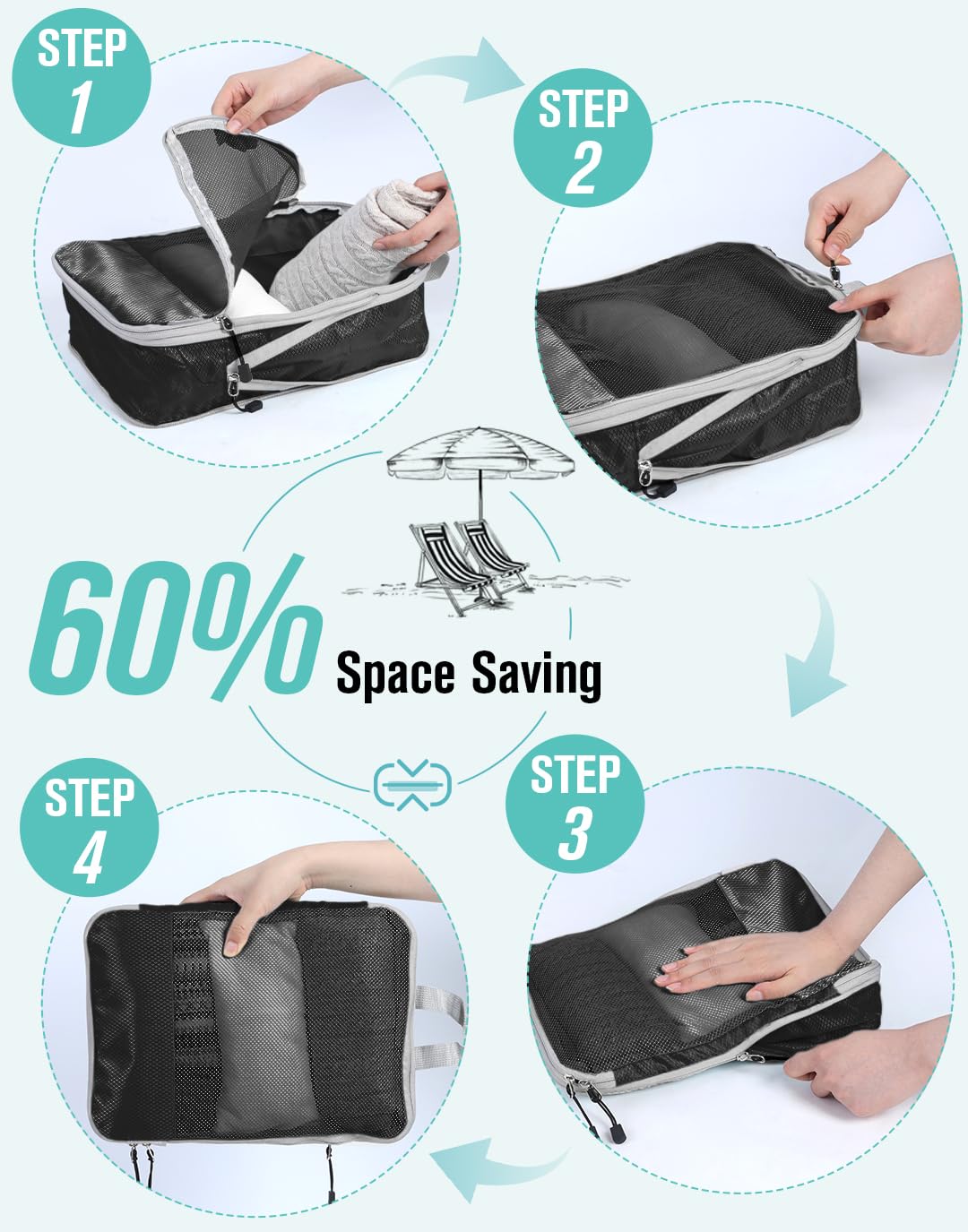 WOOMADA 6-Piece Compression Packing Cubes Set - Expandable Mesh Travel Organizer for Suitcases & Luggage | Perfect for Business Trips, Vacations & Weekend Getaways