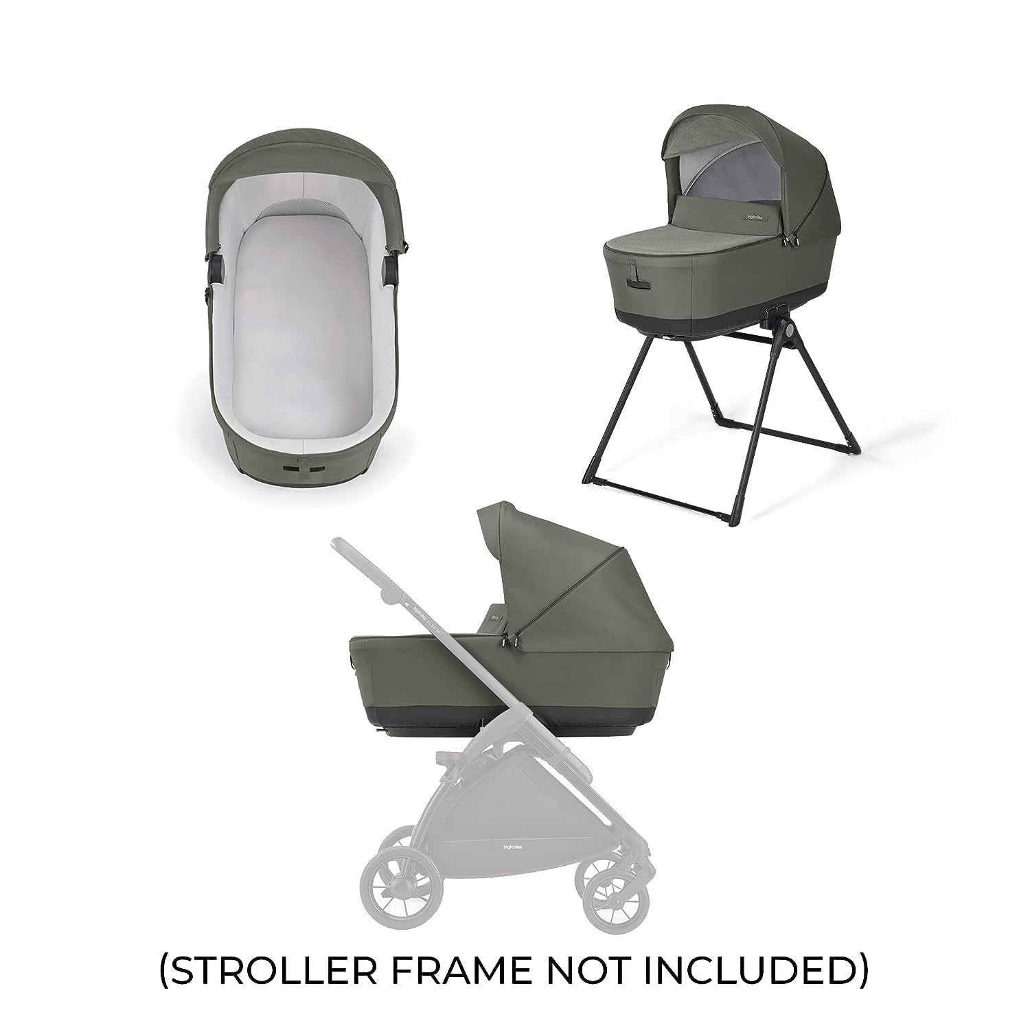 Inglesina Electa Bassinet & Stand for Newborns & Babies up to 6 Months - Portable Crib with Ventilation System, Cover & Canopy - Compatible with Electa Stroller - Tribeca Green - Perfect for Overnight Sleep, Nursery & Travel Use