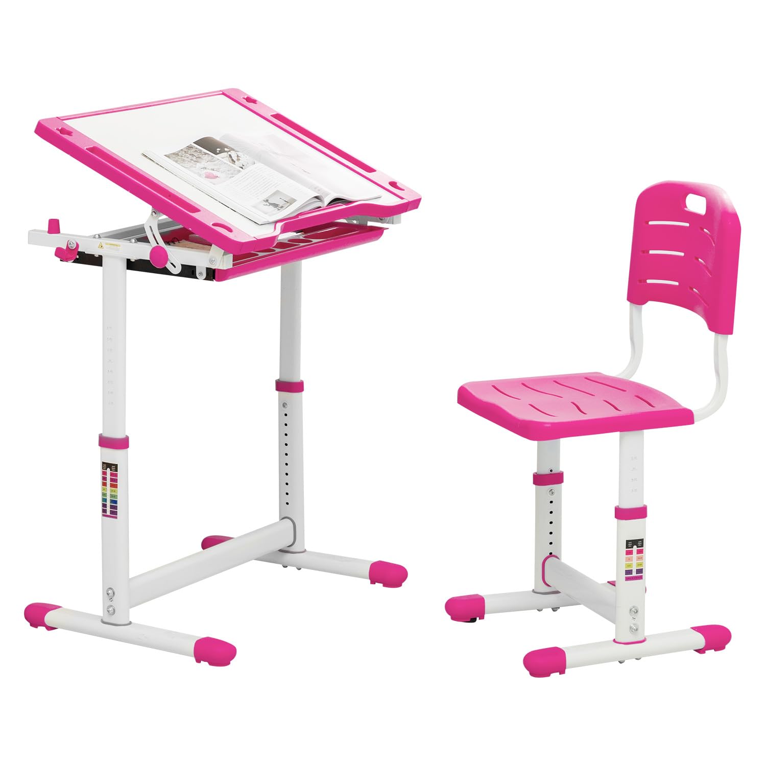 Adjustable Kids Desk and Chair Set - Ergonomic Children's Study Table with Storage Drawer, Tilt Desktop & Metal Hook - Multi-Functional Learning Desk for School & Homework (Pink) - Perfect for Homeschooling, Online Classes & Bedroom Study Space