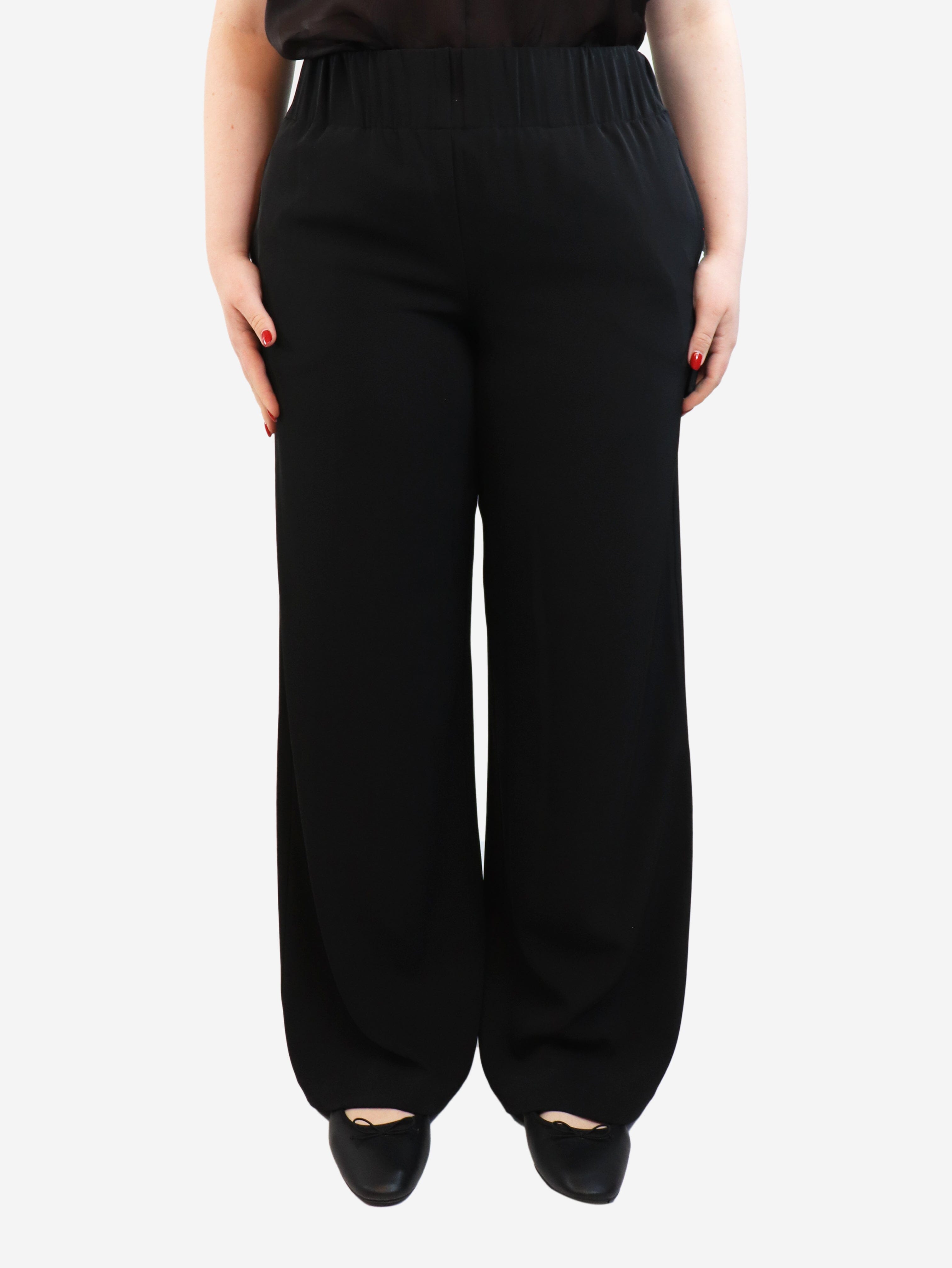 Black Fluid Wide Leg Trousers for Women - Size L | High Waisted Flowy Pants for Office, Casual & Travel Outfits