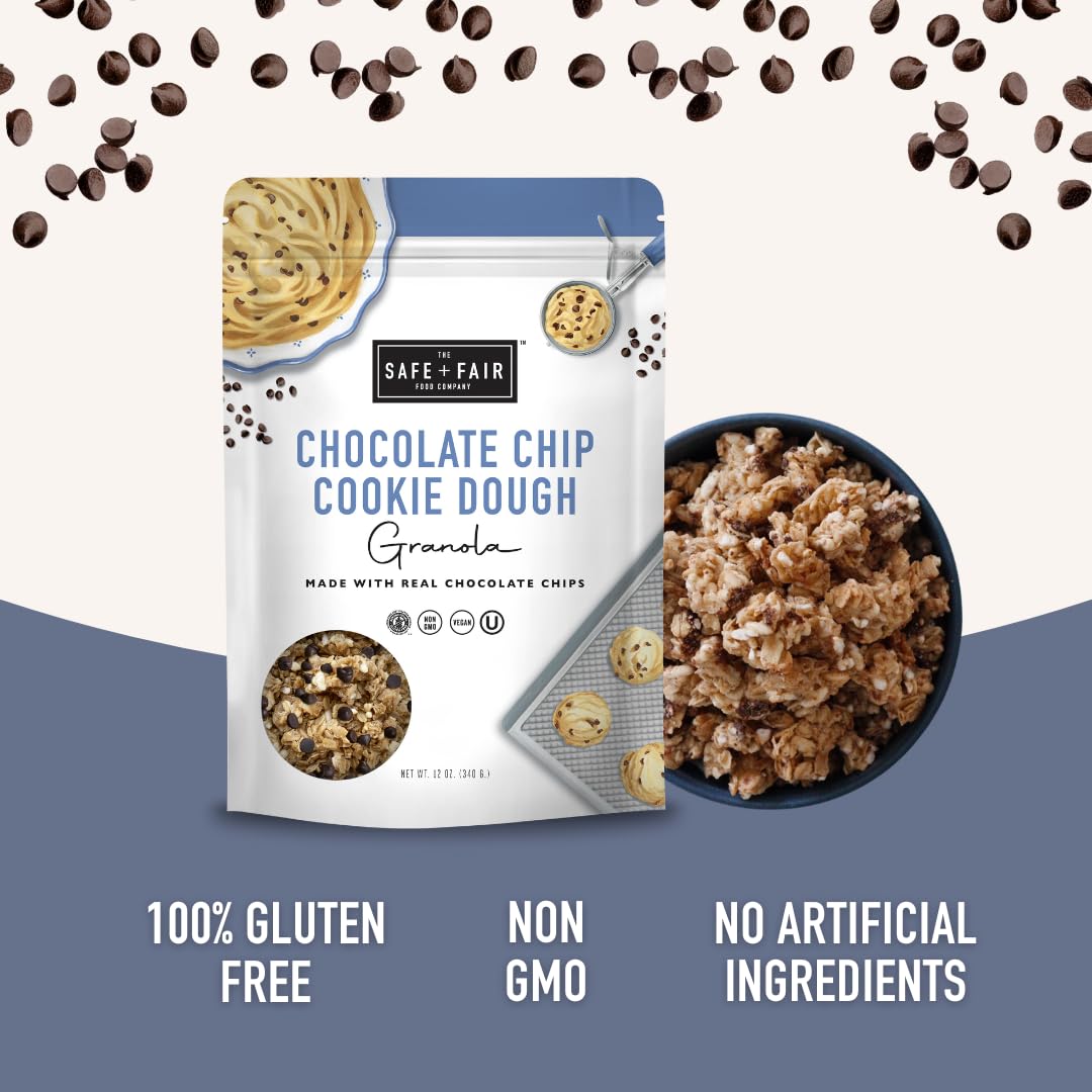 Safe + Fair Chocolate Chip Cookie Dough Granola – Gluten-Free, Dairy-Free & Vegan Snack – Allergen-Free, Non-GMO, No Artificial Ingredients – 12oz Pack – Perfect for Breakfast, Hiking & Office Snacks