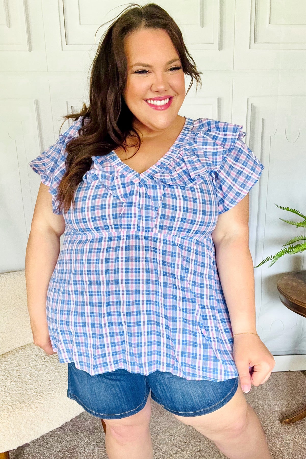 Stylish Blue Plaid V-Neck Ruffle Elastic Babydoll Top for Women - Perfect for Casual Outings, Dates & Summer Fashion