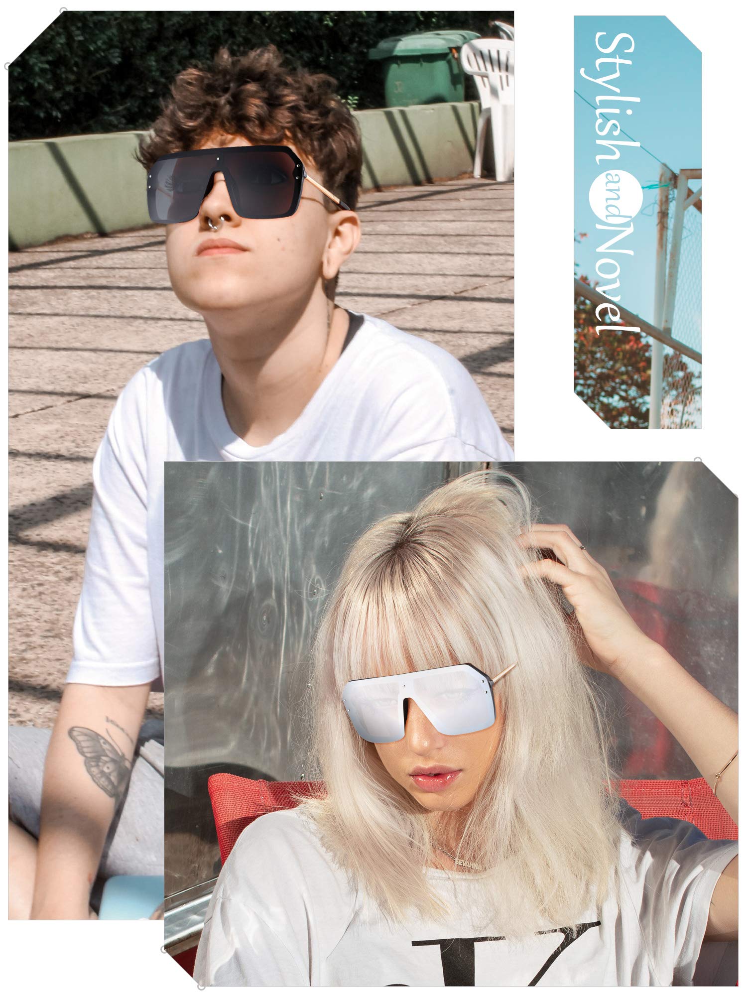 Weewooday 4 Pairs Siamese Sunglasses - Mirror Flat Top Oversized Classic Rimless UV Protection Sunglasses for Women & Men (Gold/Black Frame) - Perfect for Beach, Driving & Outdoor Fashion