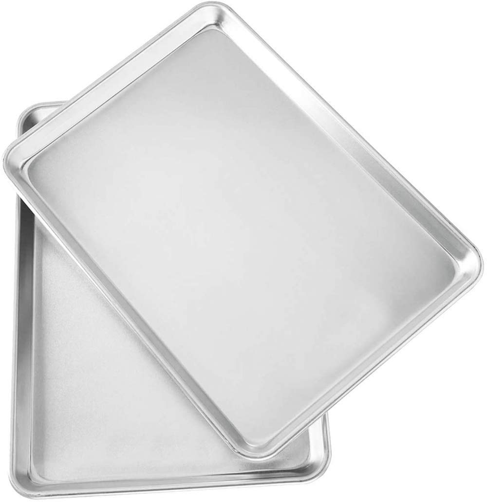 Qiuqiu 2-Pack Rectangular Aluminum Baking Sheets - Premium Silver Cookie & Cake Baking Trays for Oven, Perfect for Baking, Roasting & Meal Prep
