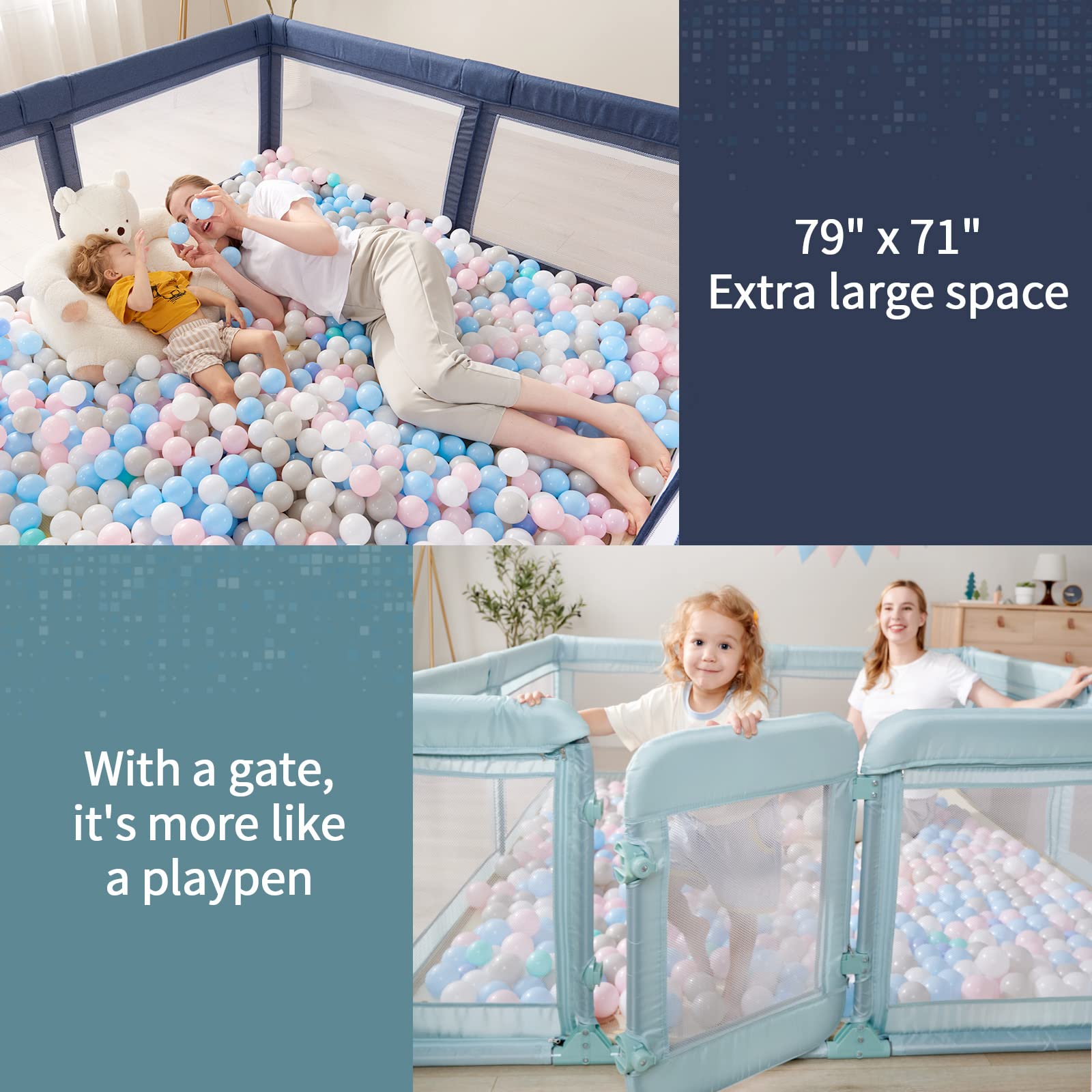Sweeby Baby Playpen - Large 79x71 Play Yard for Babies & Toddlers with Gate & Door - Indoor Safety Fence with Mat - Black - Perfect for Playtime, Learning & Safe Exploration at Home