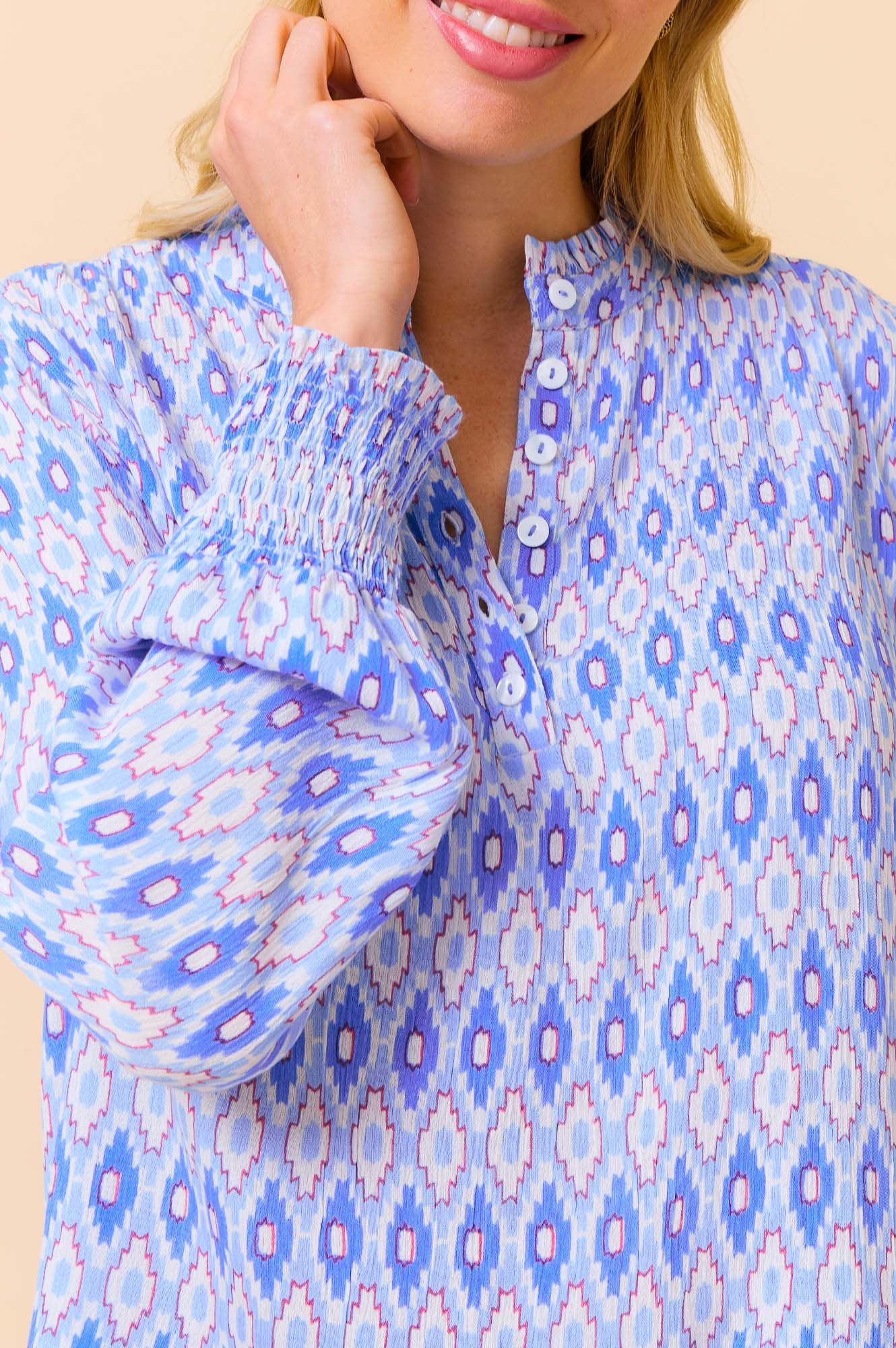 Kaia Blouse Women's Aztec Print Light Blue and Red Floral Boho Top - Perfect for Casual Wear, Festivals, and Vacation Outfits