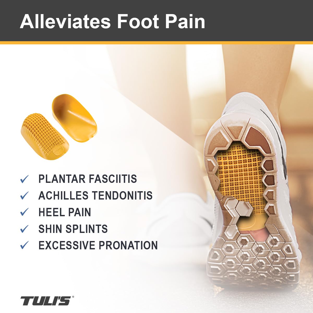 Tuli's Classic Heel Cups for Heel Pain Relief - Plantar Fasciitis Support Inserts, Yellow (Regular Size, Under 175lbs) - Comfortable Foot Cushions for Running, Walking & Standing All Day