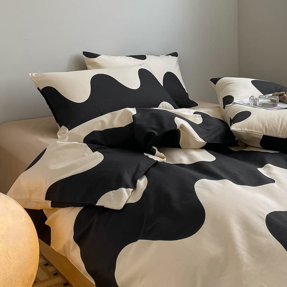 Modern Geometric Duvet Cover Set Twin - 100% Cotton Bedding with Cream White Black Cows Pattern - 3 Piece Comforter Cover for Single Bed | Perfect for Kids' Rooms, Guest Bedrooms & Contemporary Home Decor