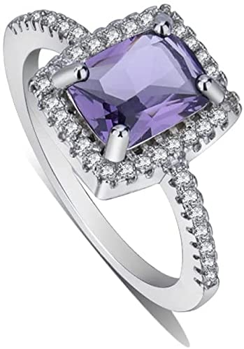 QLAZO 925 Sterling Silver Women's Rings - Elegant Rhinestone Square Cut Green Blue Crystal Fashion Ring for Wedding, Party & Daily Wear (Purple, Size 6)