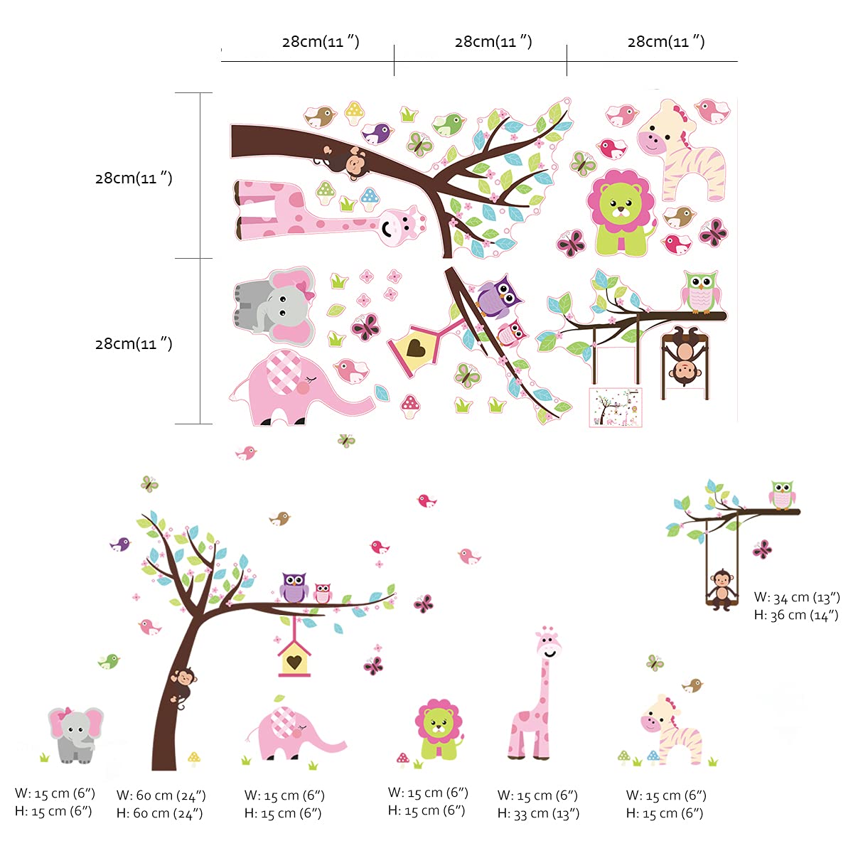 Jungle Animal Wall Decals for Nursery - Monkey, Elephant & Giraffe Tree Wall Stickers - Kids Room Decor for Girls & Boys - Perfect for Bedroom, Playroom & Daycare Wall Art