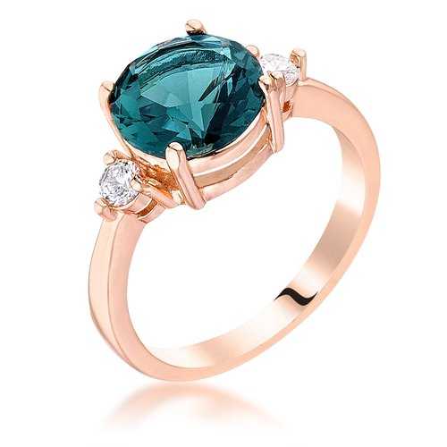 Rose Gold Plated Blue Green Three Stone Engagement Ring for Women - Elegant Wedding, Proposal & Anniversary Jewelry Gift