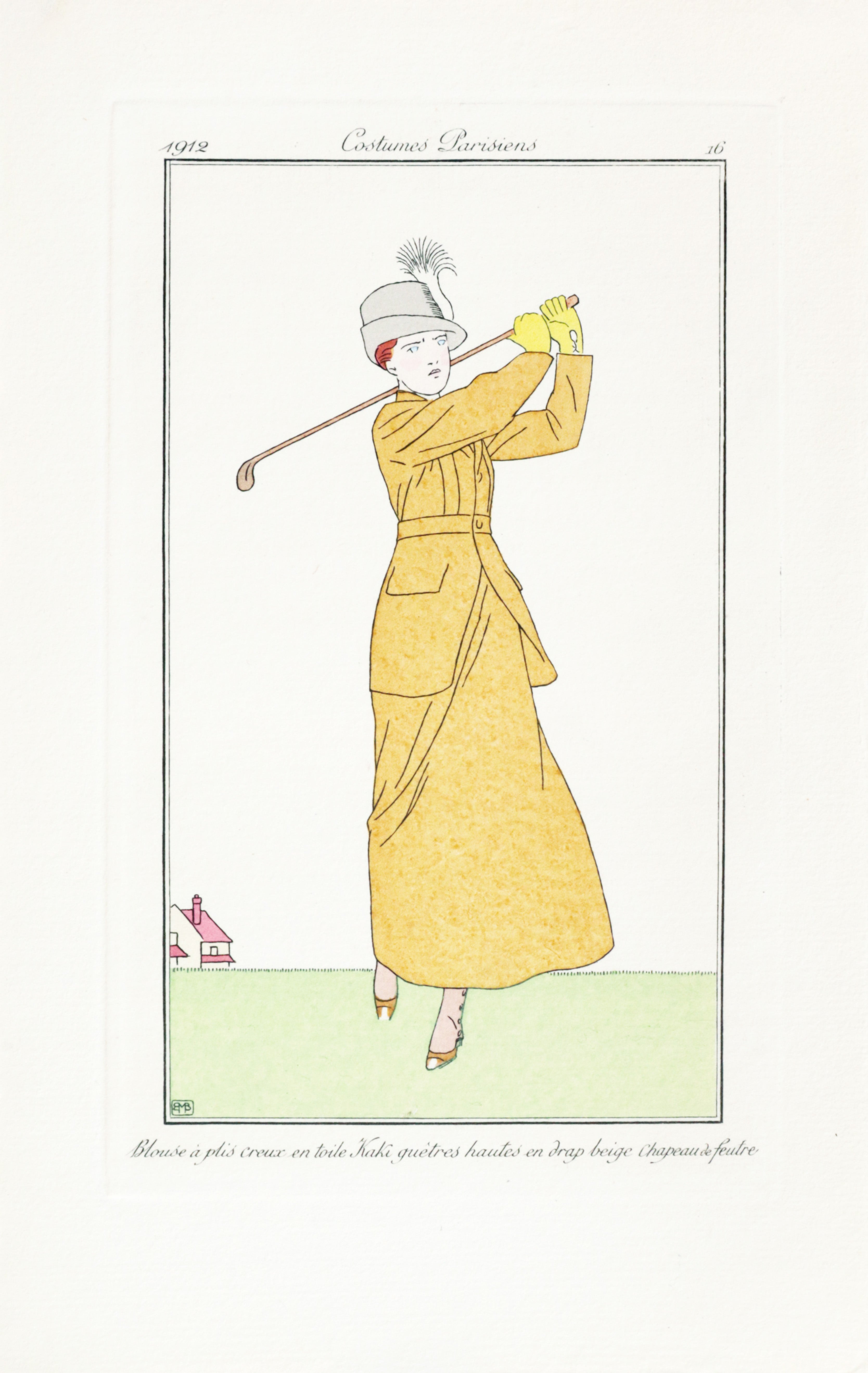 1913 Original French Art Deco Poster - Costumes Parisiens: Kaki Pleated Blouse Golf Outfit | Vintage Fashion Art for Home Decor & Collector's Display