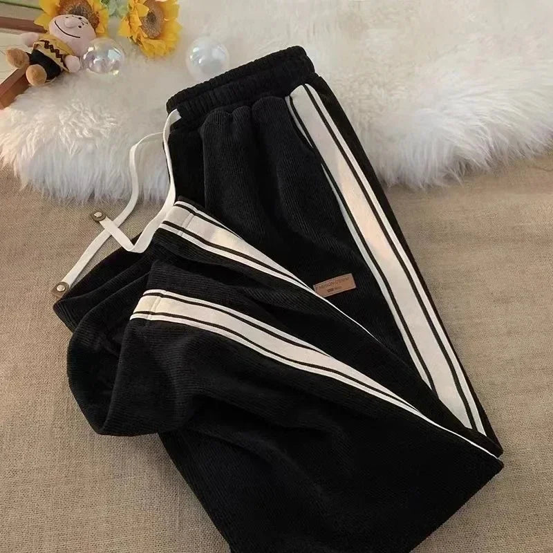 Women's Corduroy Striped Sweatpants - Y2K Harajuku Streetwear Wide Leg Joggers | High Waist Baggy Pants for Casual Wear, Korean Fashion & Loungewear