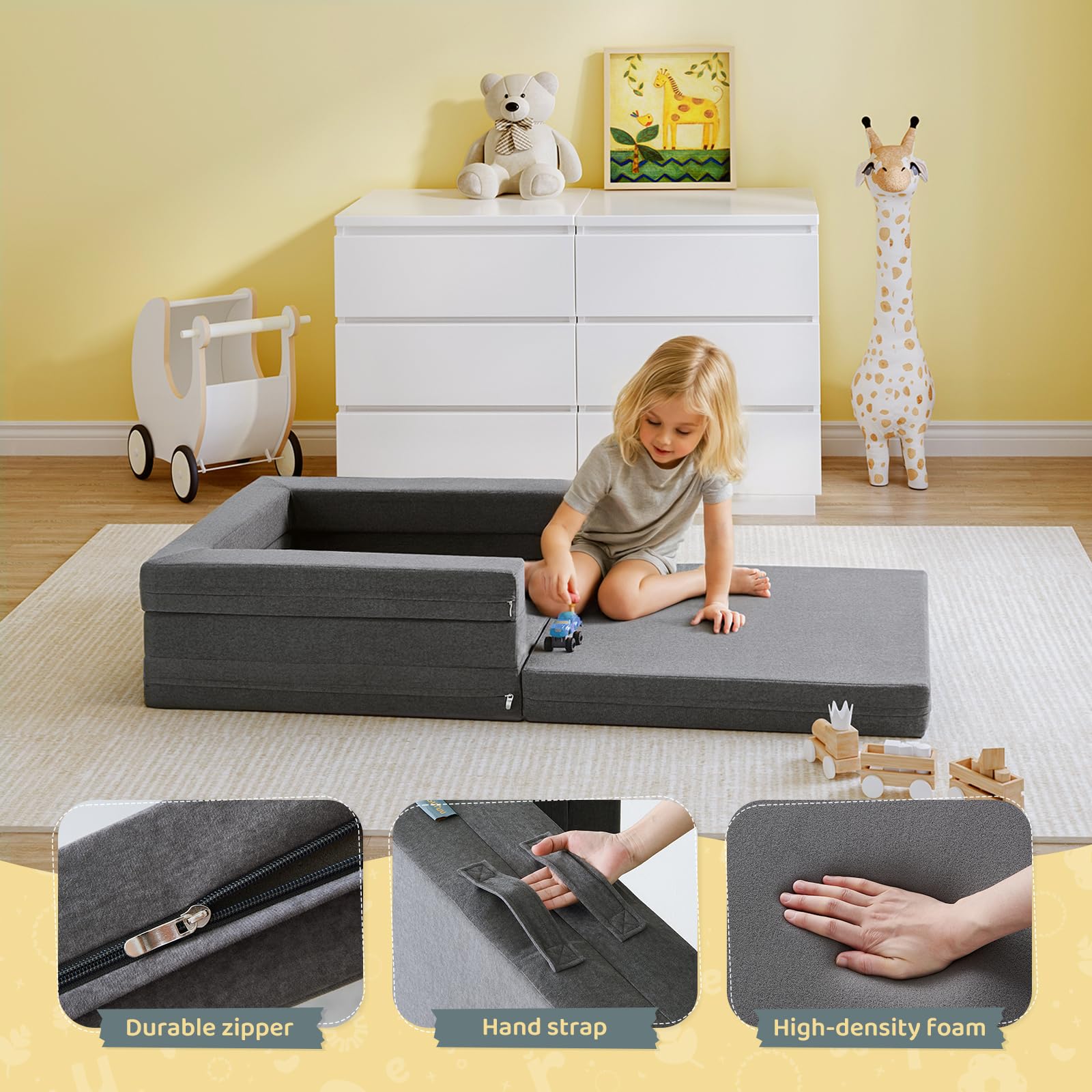 3-in-1 Convertible Toddler Travel Bed - Portable Floor Sofa Bed for Boys & Girls with High-Density Foam & Washable Cover (Gray) | Perfect for Travel, Sleepovers & Daycare Naps