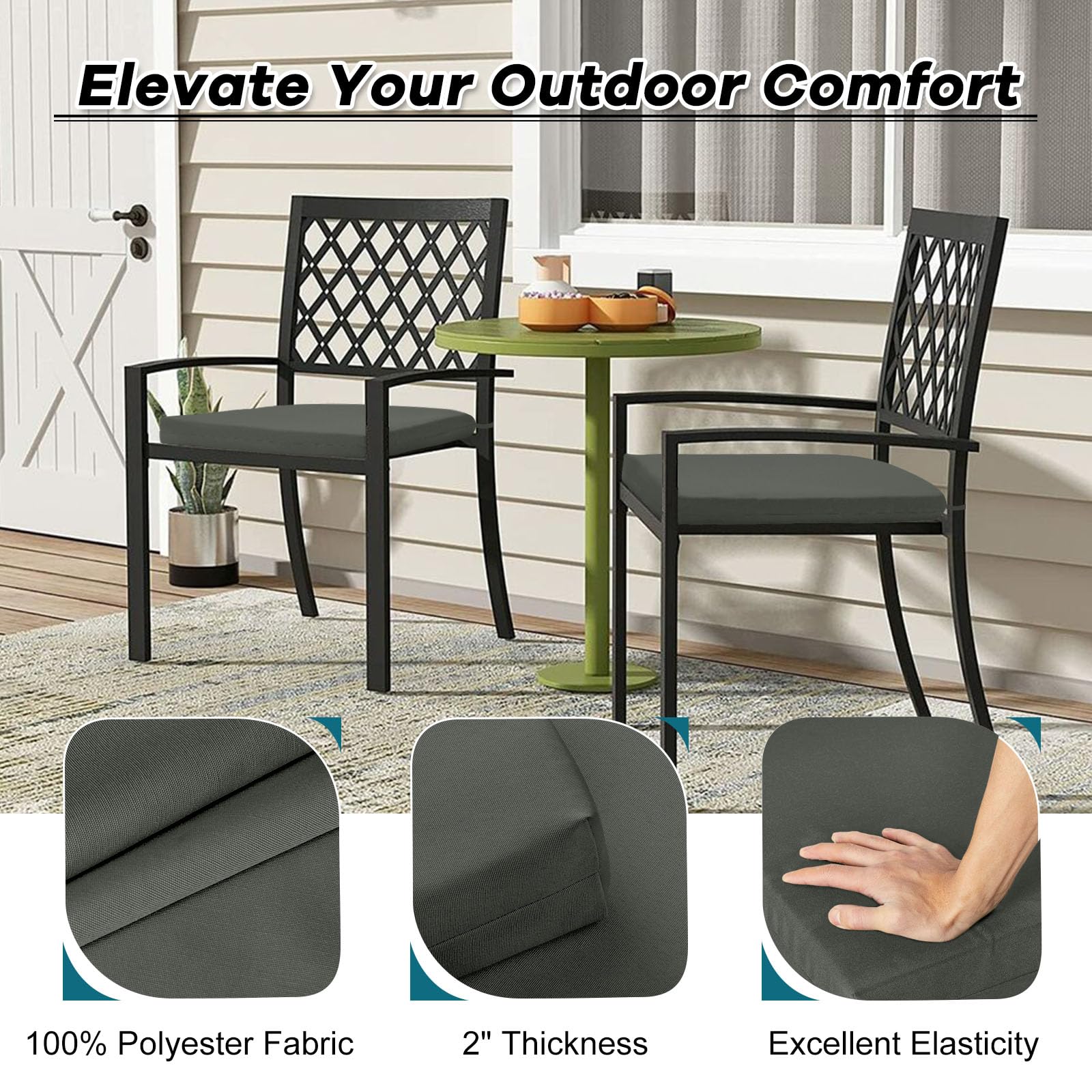 Premium Outdoor Chair Cushions Set of 4 - Water Resistant Patio Furniture Cushions with Secure Ties (17x16x2 Inches, Charcoal Grey) - Perfect for Backyard, Deck, Poolside & Garden Relaxation