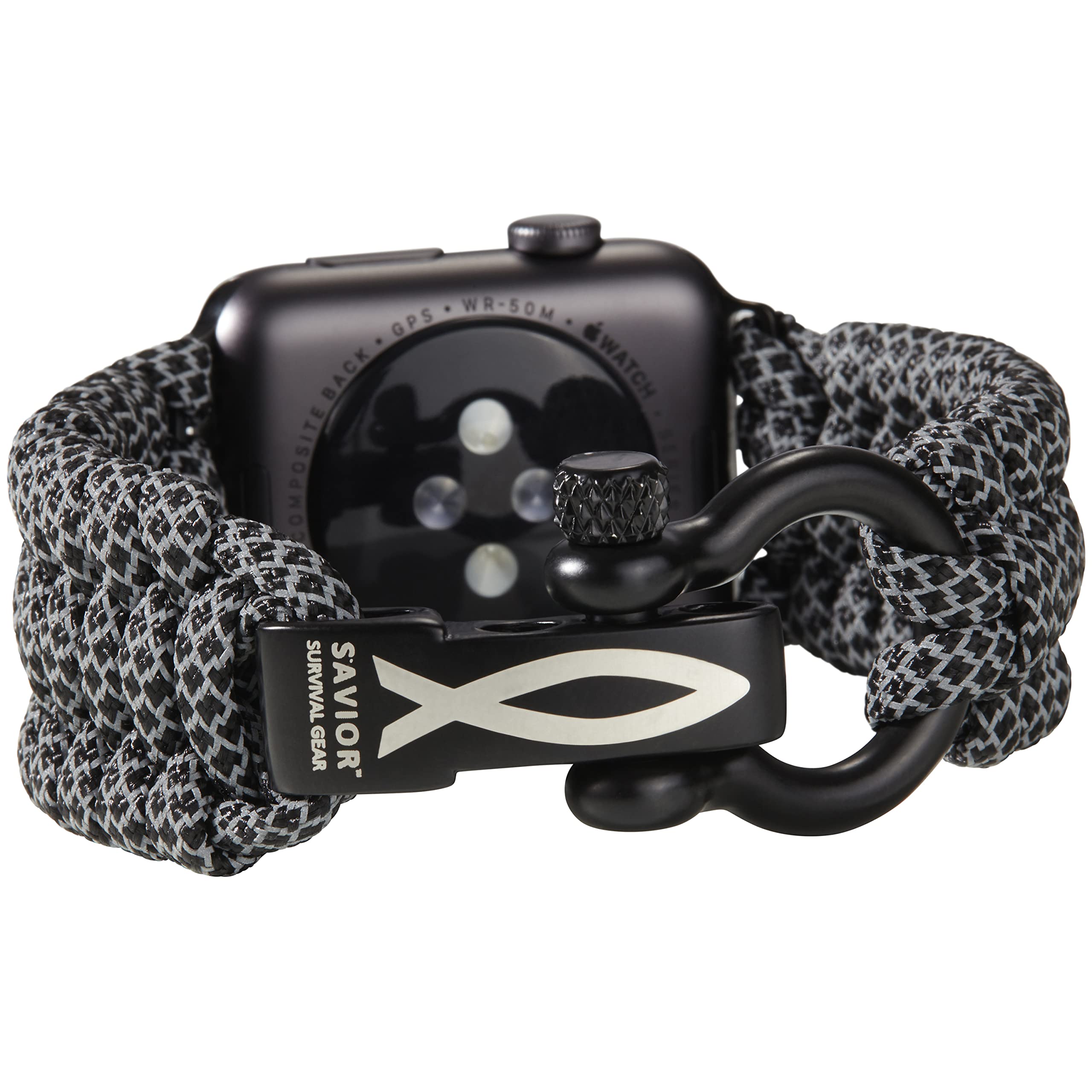 Survival Paracord Watch Band for Apple Watch Series 42mm 44mm 45mm 49mm - 550 Paracord & Stainless Steel Shackle - Compatible with iWatch Bands for Men & Women (Black Reflective, Large) - Perfect for Outdoor Adventures, Hiking, Camping & Emergency Situations