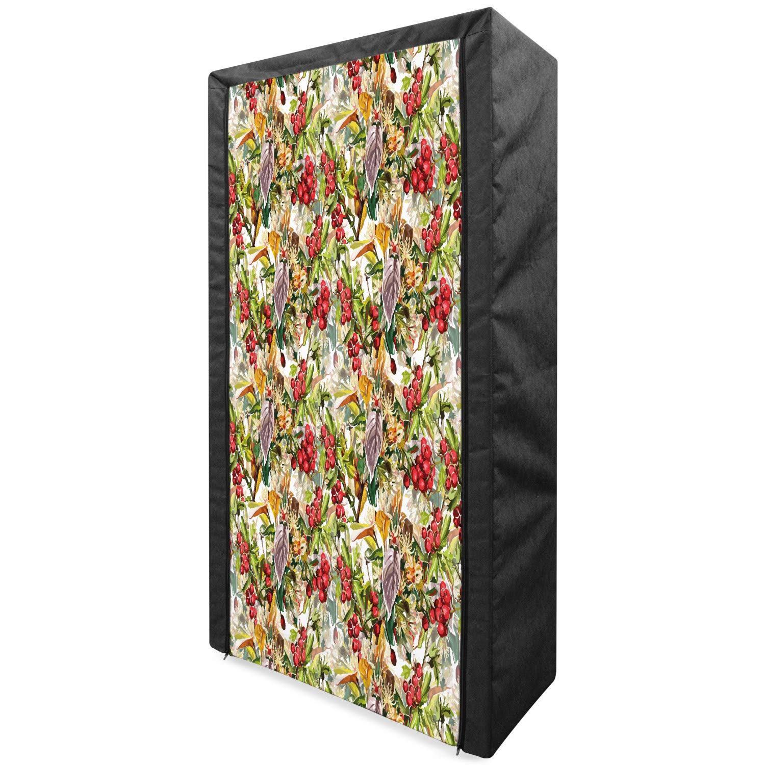 Ambesonne Rowan Portable Fabric Wardrobe - Rustic Wild Flowers Leaves Berries Pattern, 33.5 Inch Closet Organizer with Shelves for Bedroom, Closet & Dorm Storage | Multicolor Clothing Storage Solution