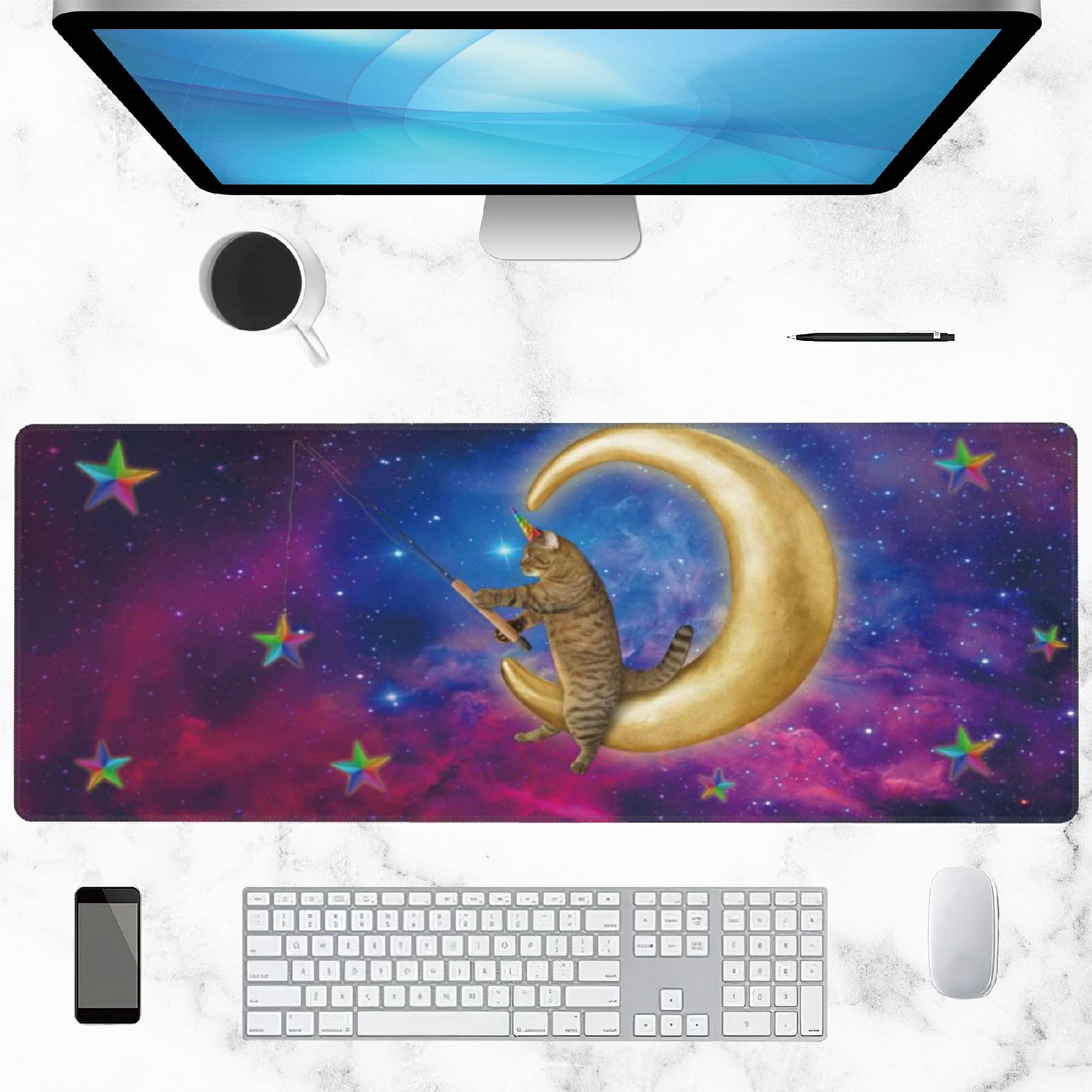 Elightvap Large Gaming Mouse Pad with Cat Moon Stars Design - Non-Slip Rubber Base & Stitched Edges - 35.5